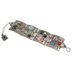 Modernist 1960s Silvered Metal Gem Stones Link Bracelet