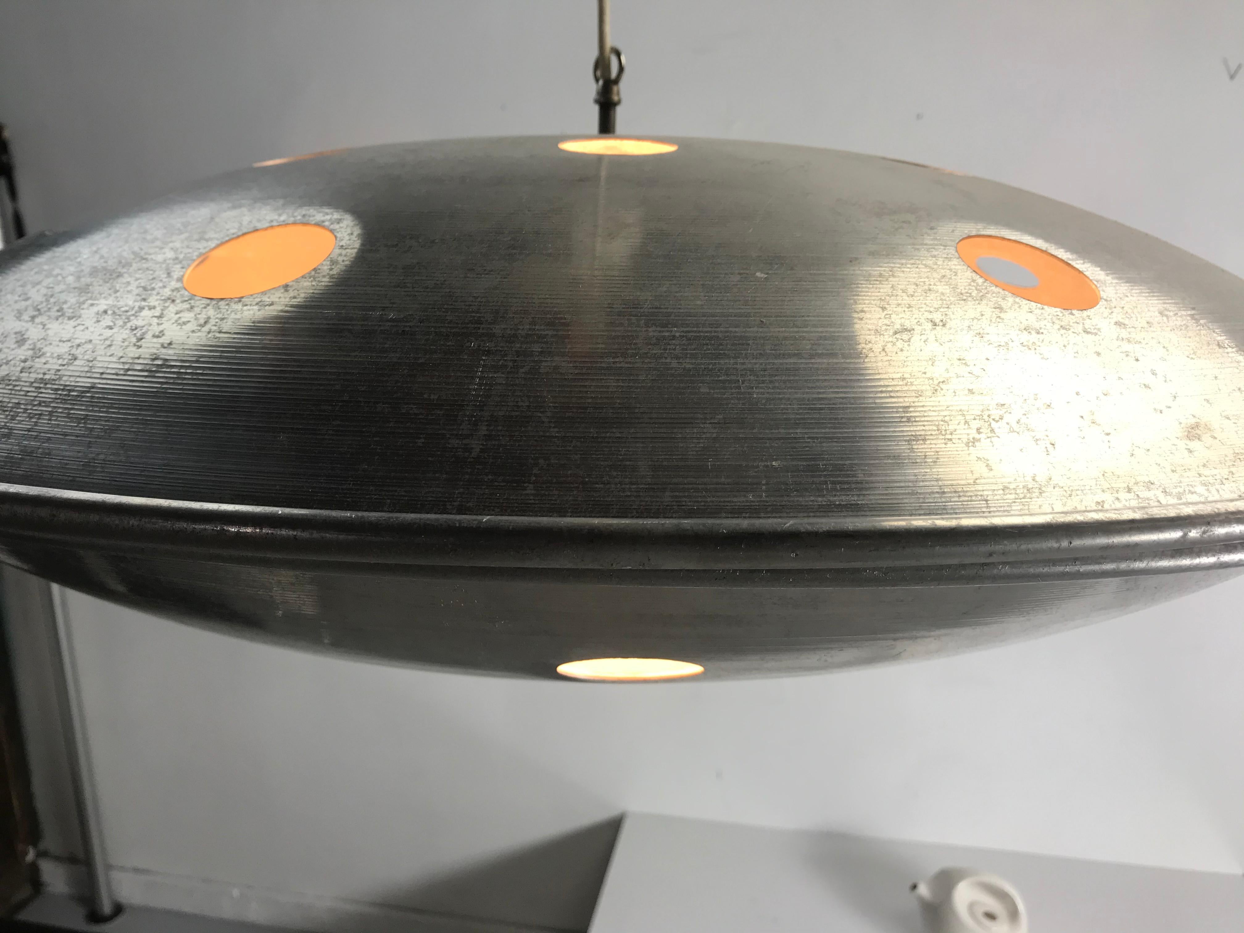 Modernist 1960s Space Age U F O Flying Saucer Aluminum Hanging Pendant Lamp In Good Condition In Buffalo, NY