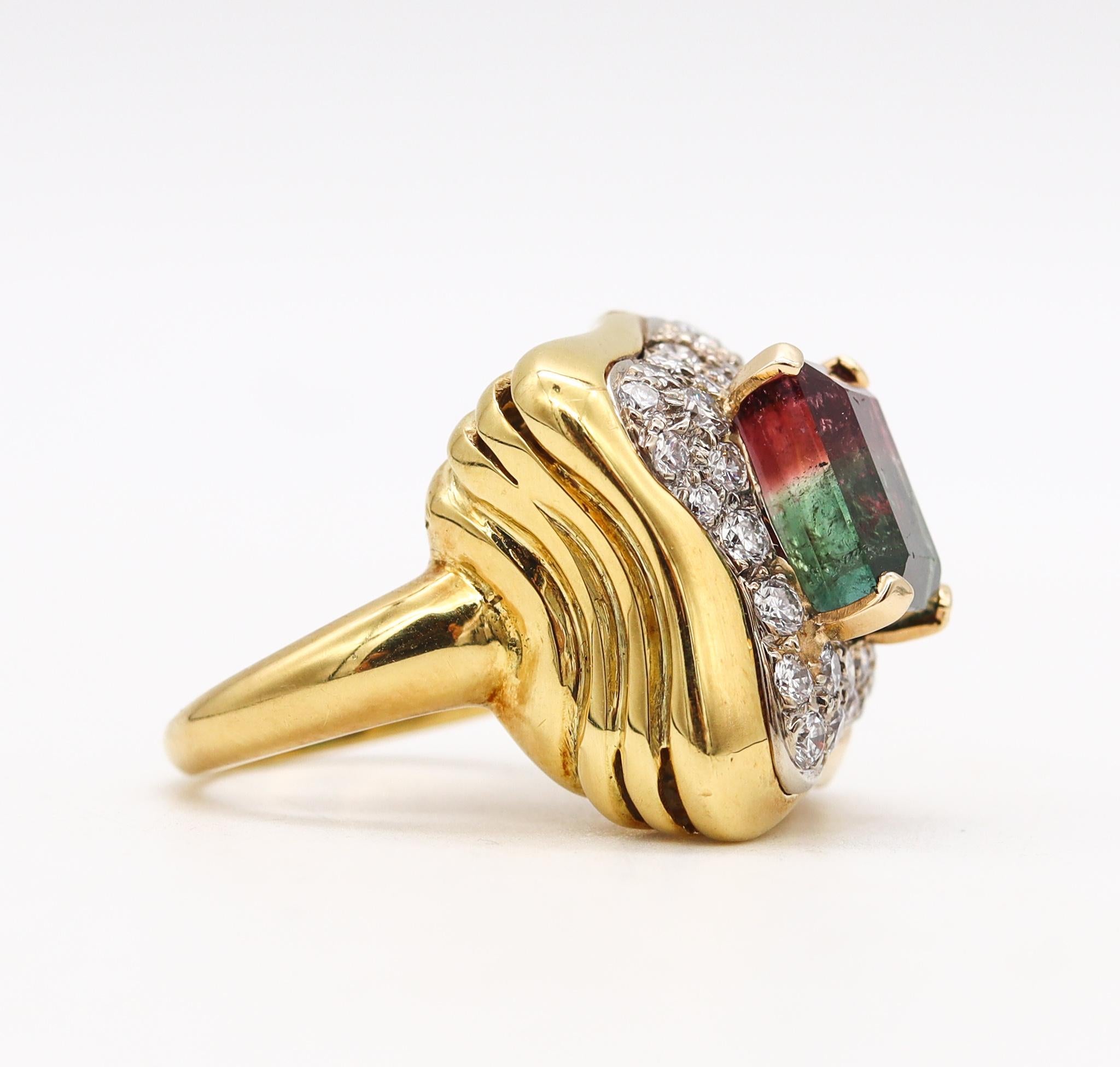 Modernist 1970 Brazil AK Atelier Cocktail Ring 18k Gold Tourmaline & Diamonds In Excellent Condition For Sale In Miami, FL