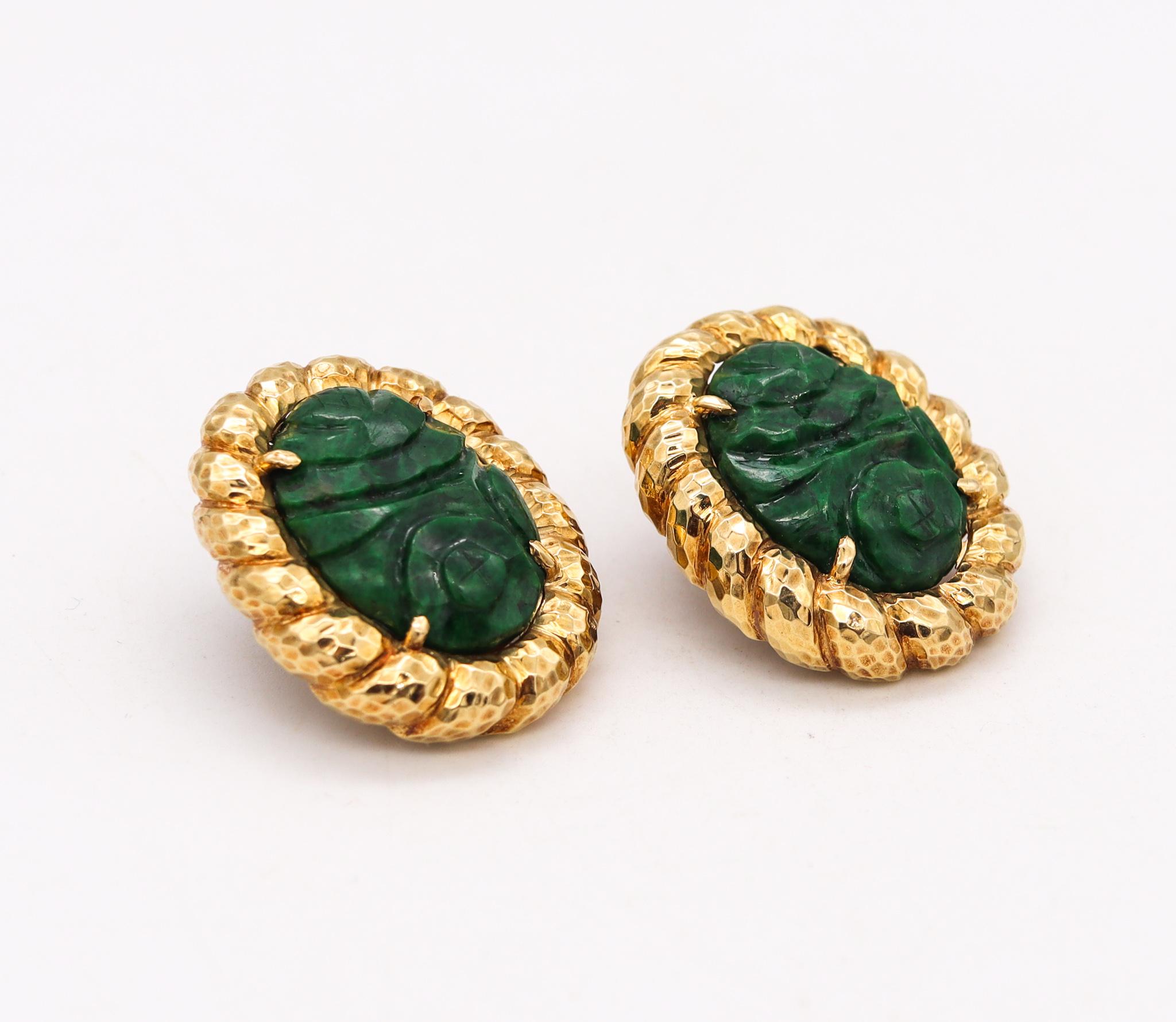 Pair of clip-on earrings with Maw Sit Sit Jade.

Beautiful designer's pair of earrings crafted in solid yellow gold of 18 karats, with hammered cuts finish. Suited with omega backs for fastening clips and the post option for pierced ears can be