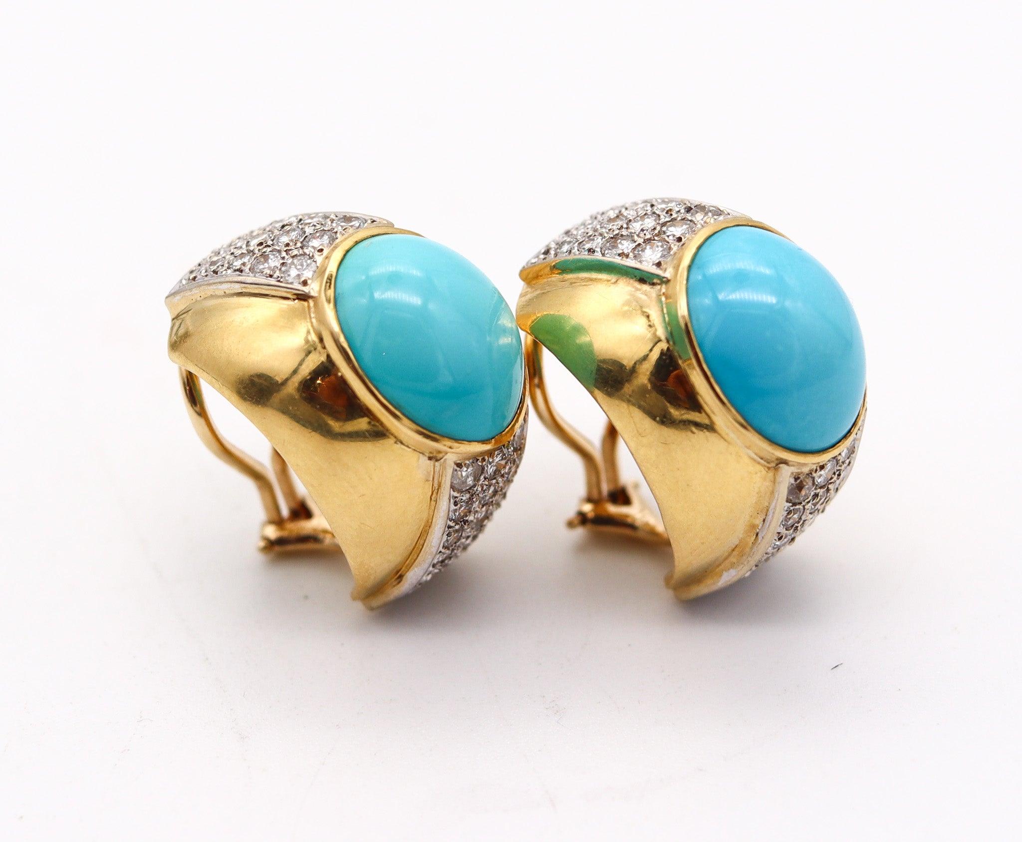 Modernista MODERNIST 1970 Orecchini a clip in oro 18Kt con 17,10 Ctw di diamanti e turchesi in vendita
