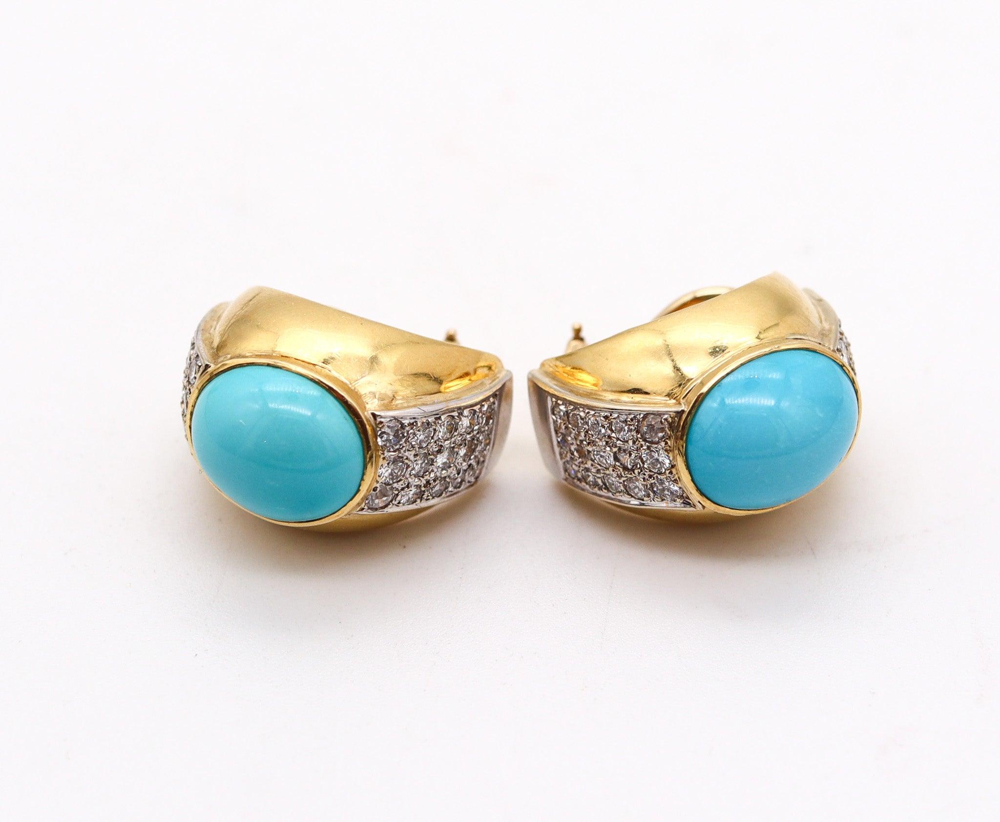 Cabochon MODERNIST 1970 Orecchini a clip in oro 18Kt con 17,10 Ctw di diamanti e turchesi in vendita