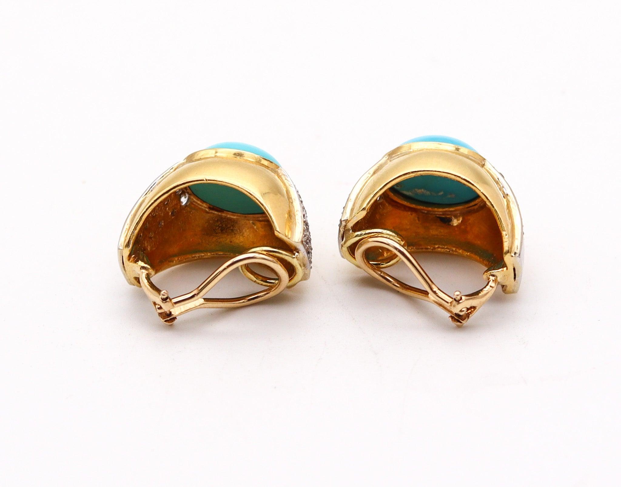 MODERNIST 1970 Orecchini a clip in oro 18Kt con 17,10 Ctw di diamanti e turchesi In condizioni ottime in vendita a Miami, FL