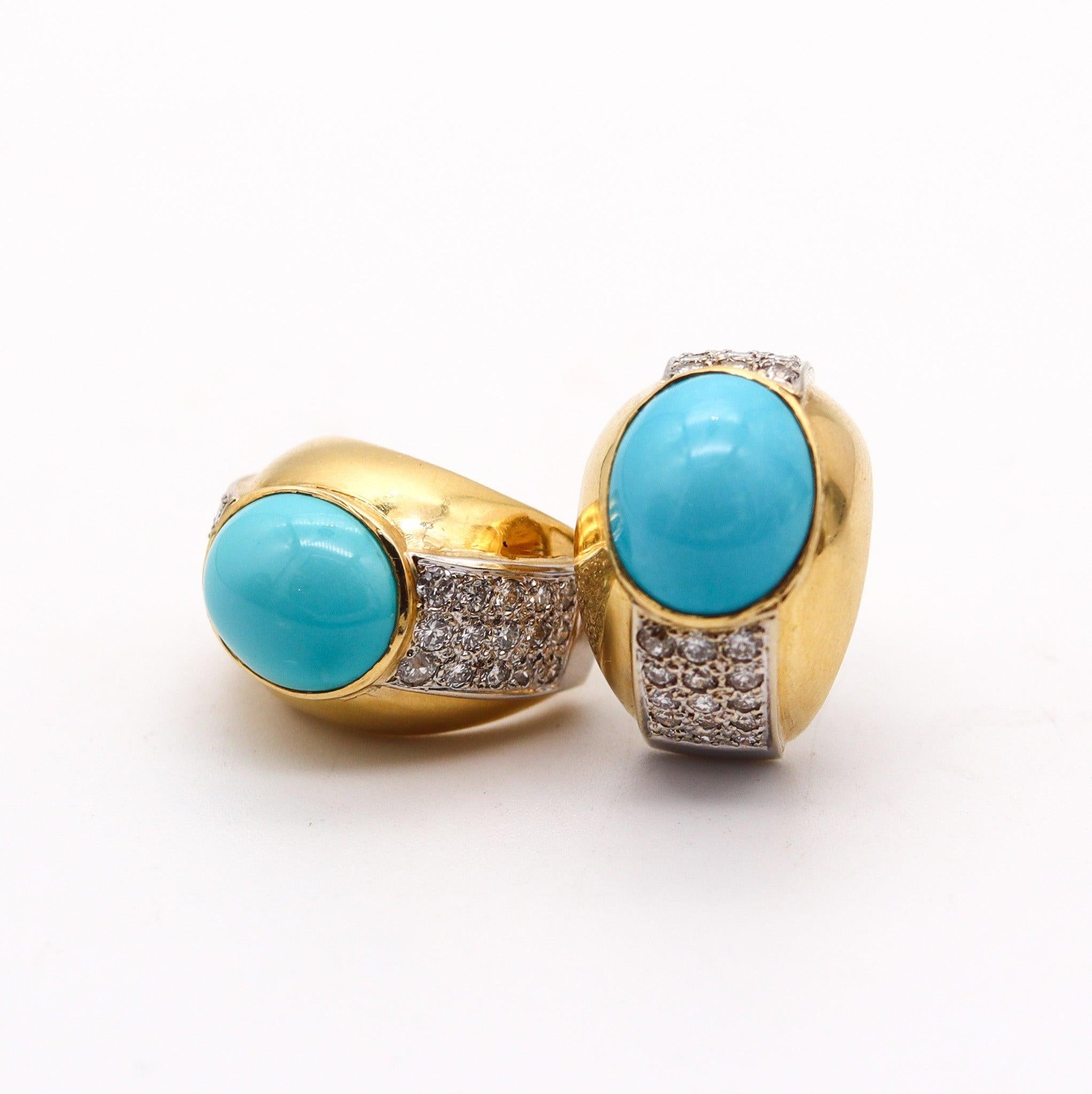 Donna MODERNIST 1970 Orecchini a clip in oro 18Kt con 17,10 Ctw di diamanti e turchesi in vendita