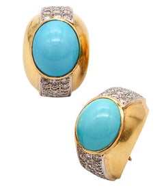 Pendientes Clips-On MODERNIST 1970 Oro de 18 Kt Con Diamantes y Turquesas de 17,10 qt
