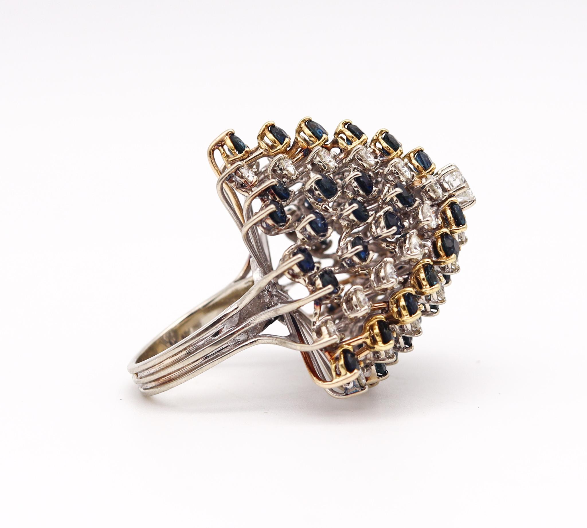 Retro Modernist 1970 Cluster Cocktail Ring 14kt Gold with 10.36 Ctw Diamonds Sapphires For Sale