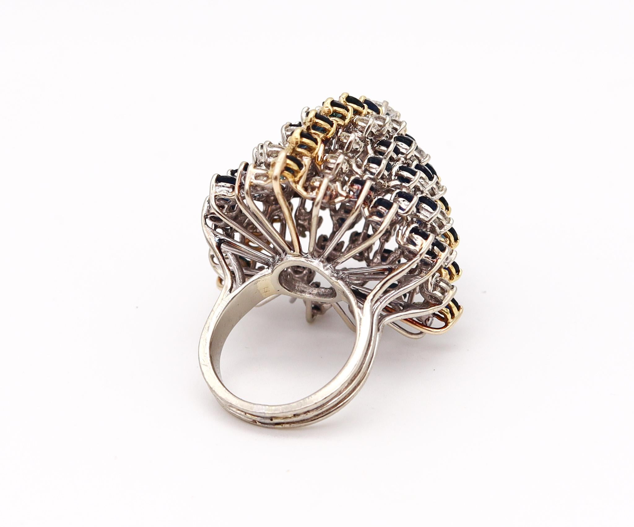 Brilliant Cut Modernist 1970 Cluster Cocktail Ring 14kt Gold with 10.36 Ctw Diamonds Sapphires For Sale
