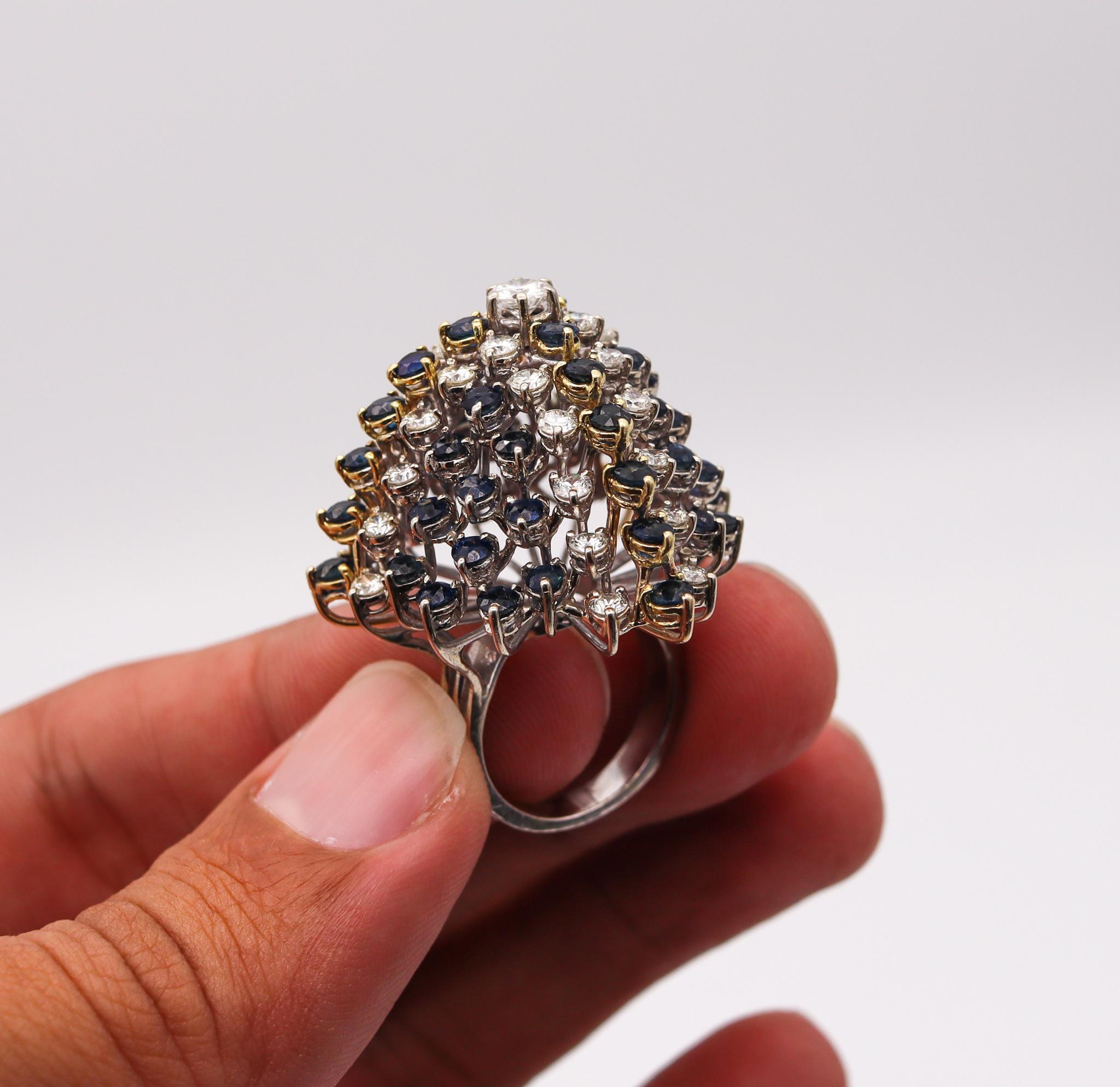 Modernist 1970 Cluster Cocktail Ring 14kt Gold with 10.36 Ctw Diamonds Sapphires For Sale 1