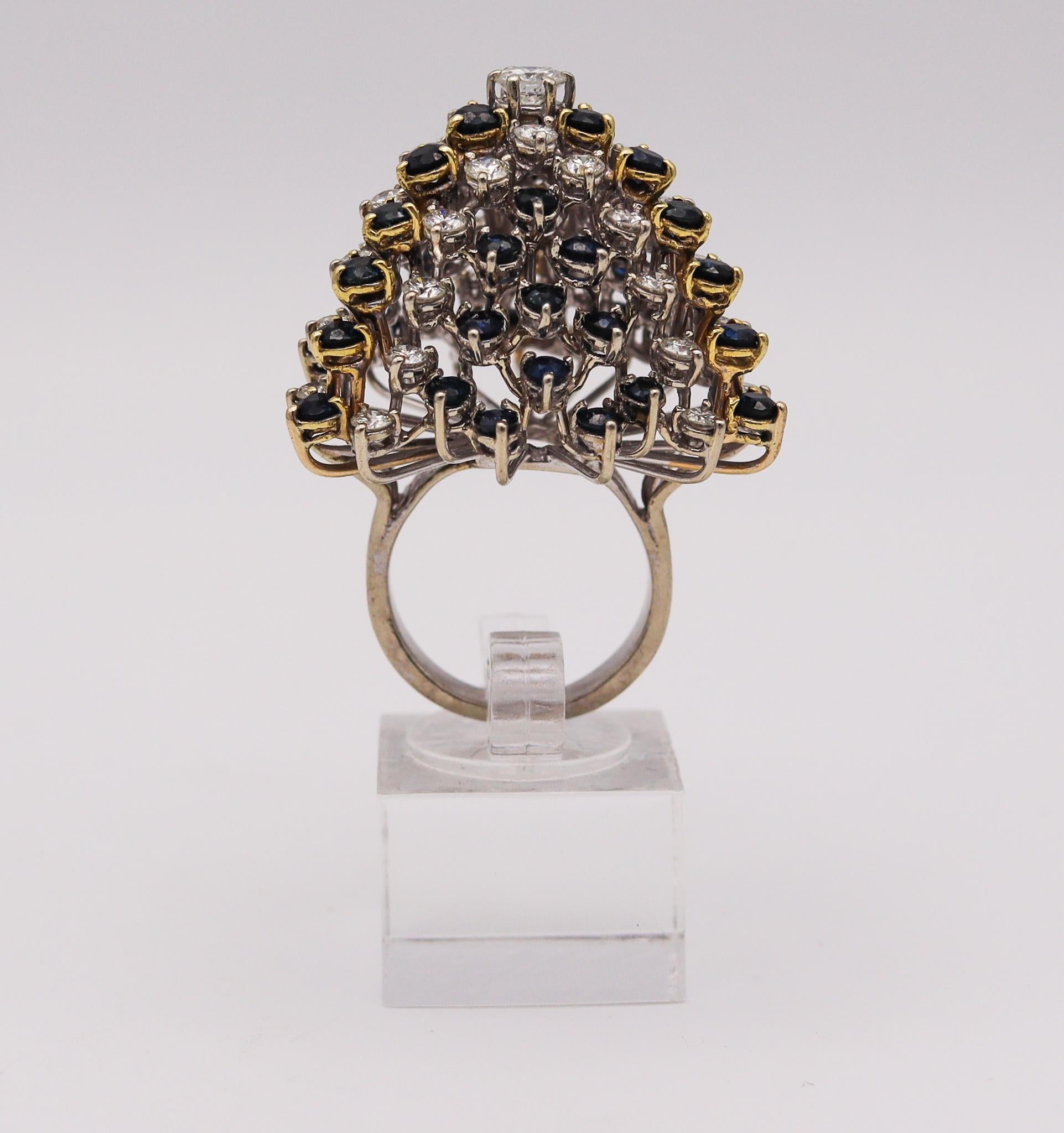 Modernist 1970 Cluster Cocktail Ring 14kt Gold with 10.36 Ctw Diamonds Sapphires For Sale 2