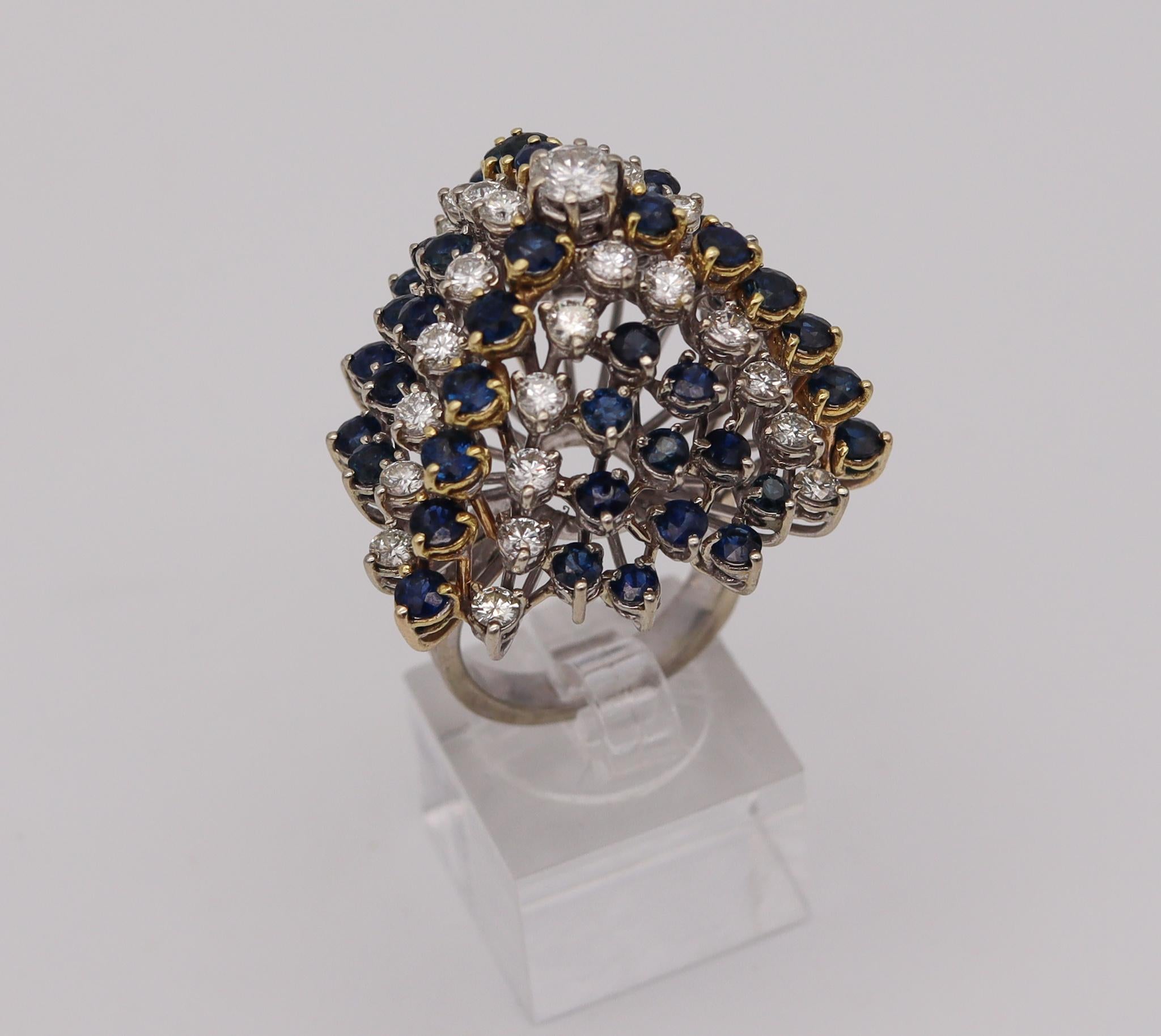 Modernist 1970 Cluster Cocktail Ring 14kt Gold with 10.36 Ctw Diamonds Sapphires For Sale 3