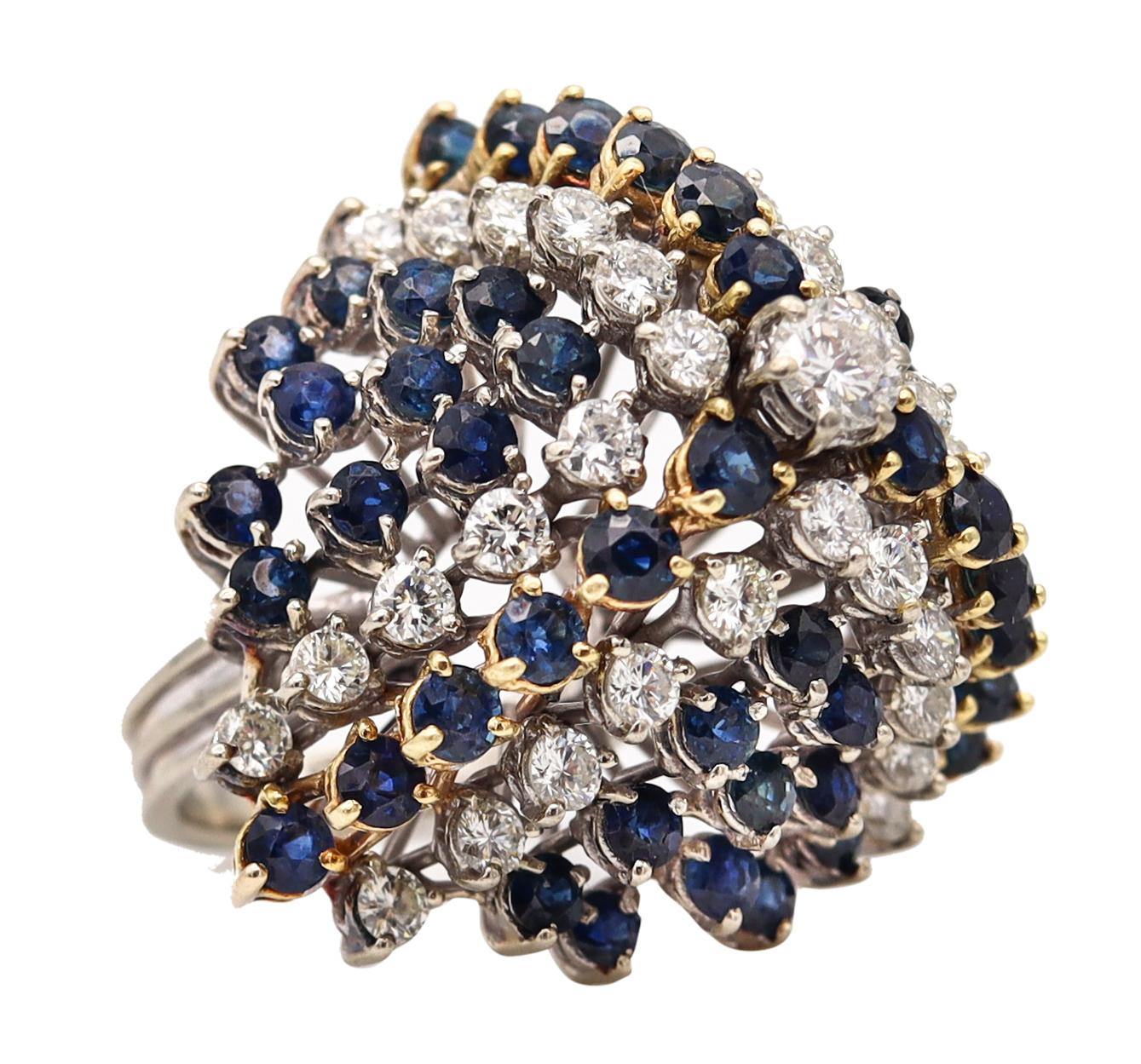 Modernist 1970 Cluster Cocktail Ring 14kt Gold with 10.36 Ctw Diamonds Sapphires For Sale
