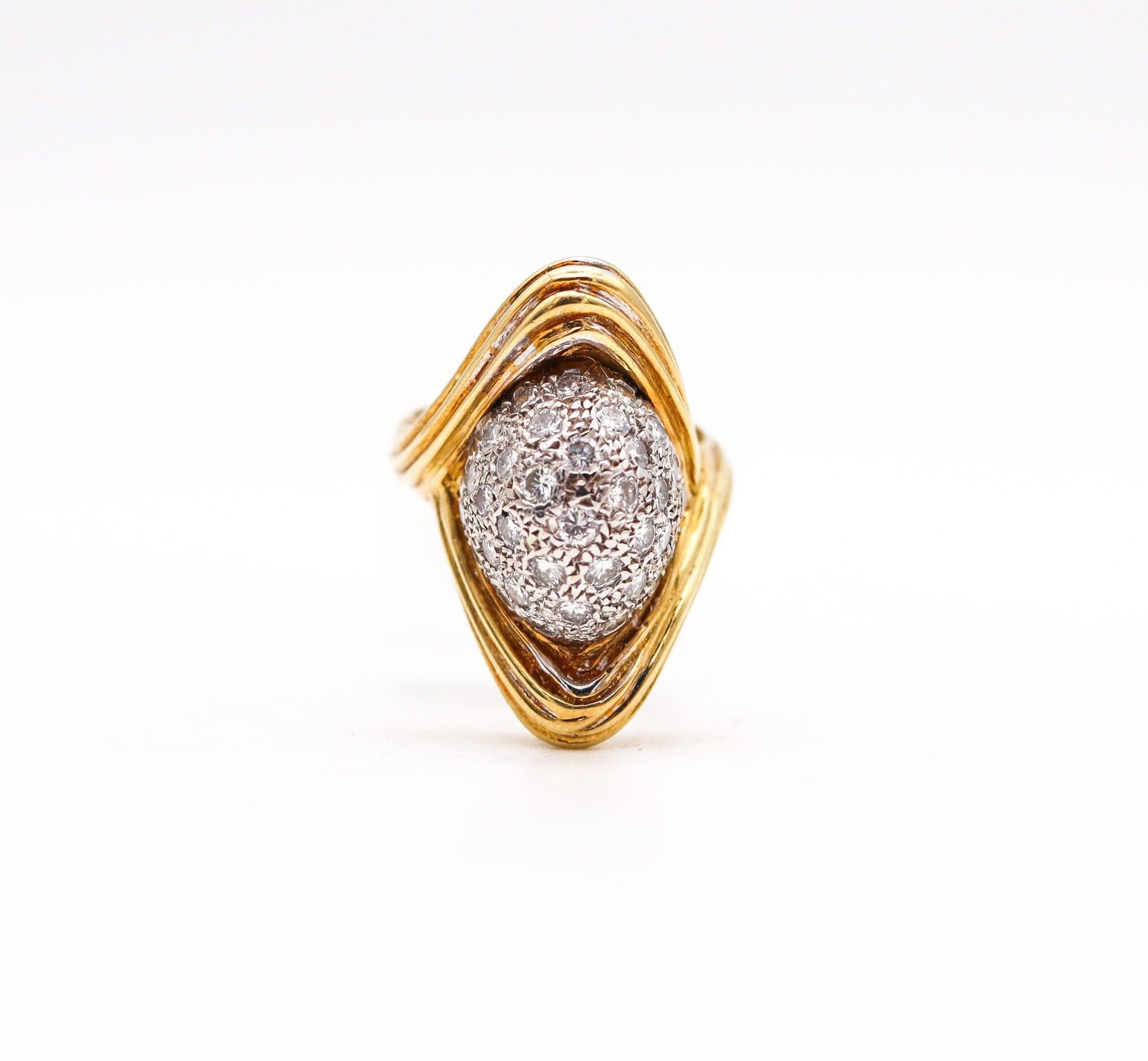 Women's MODERNIST 1970 Cocktail Ring In 18Kt Gold With 1.70 Ctw In Diamonds For Sale