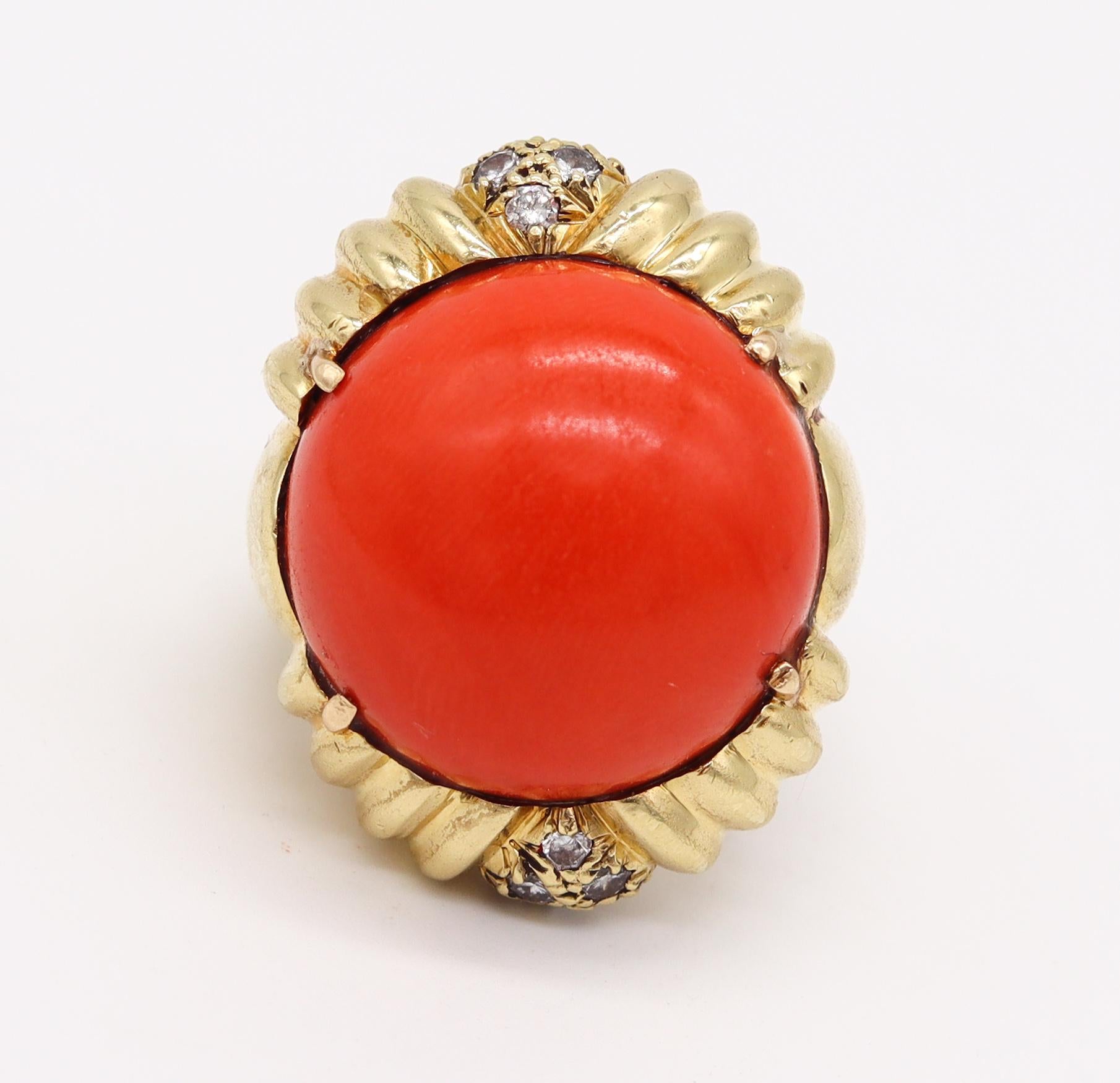 Cabochon Modernist 1970 Cocktail Ring in 18Kt Yellow Gold 26.89 Cts Red Coral & Diamonds For Sale
