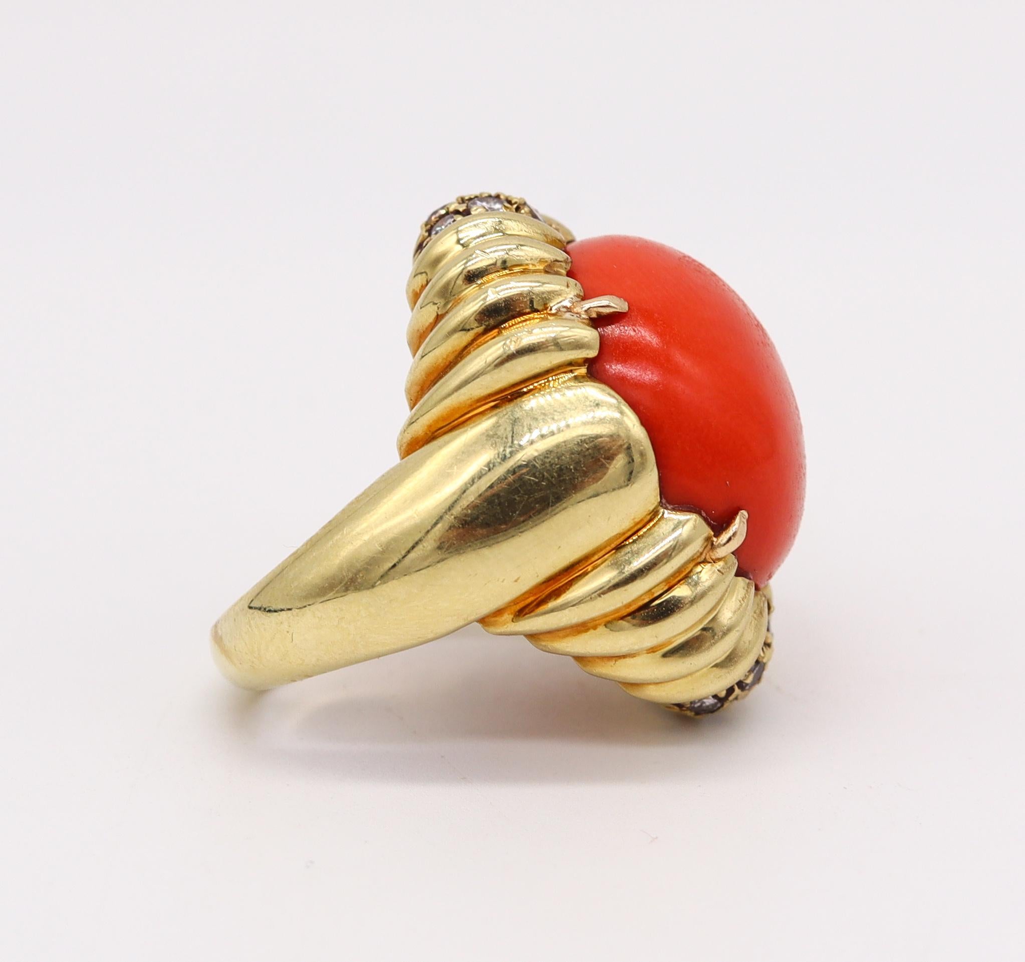 Women's Modernist 1970 Cocktail Ring in 18Kt Yellow Gold 26.89 Cts Red Coral & Diamonds For Sale