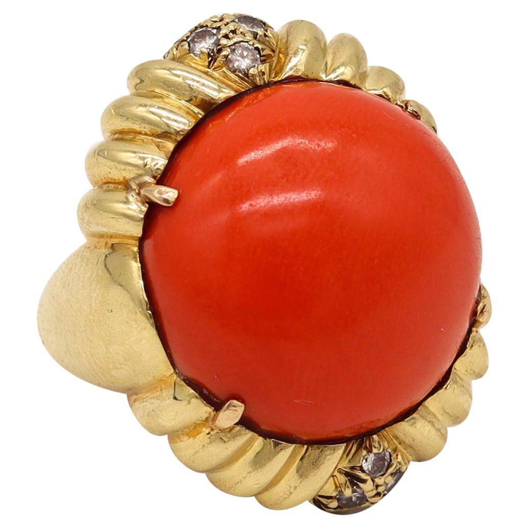 Modernist 1970 Cocktail Ring in 18Kt Yellow Gold 26.89 Cts Red Coral & Diamonds For Sale