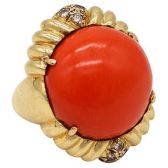 Retro Modernist 1970 Cocktail Ring in 18Kt Yellow Gold 26.89 Cts Red Coral & Diamonds