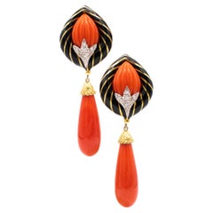 Modernist 1970 Convertible Drop Earrings 18kt Gold and Platinum Diamonds Coral