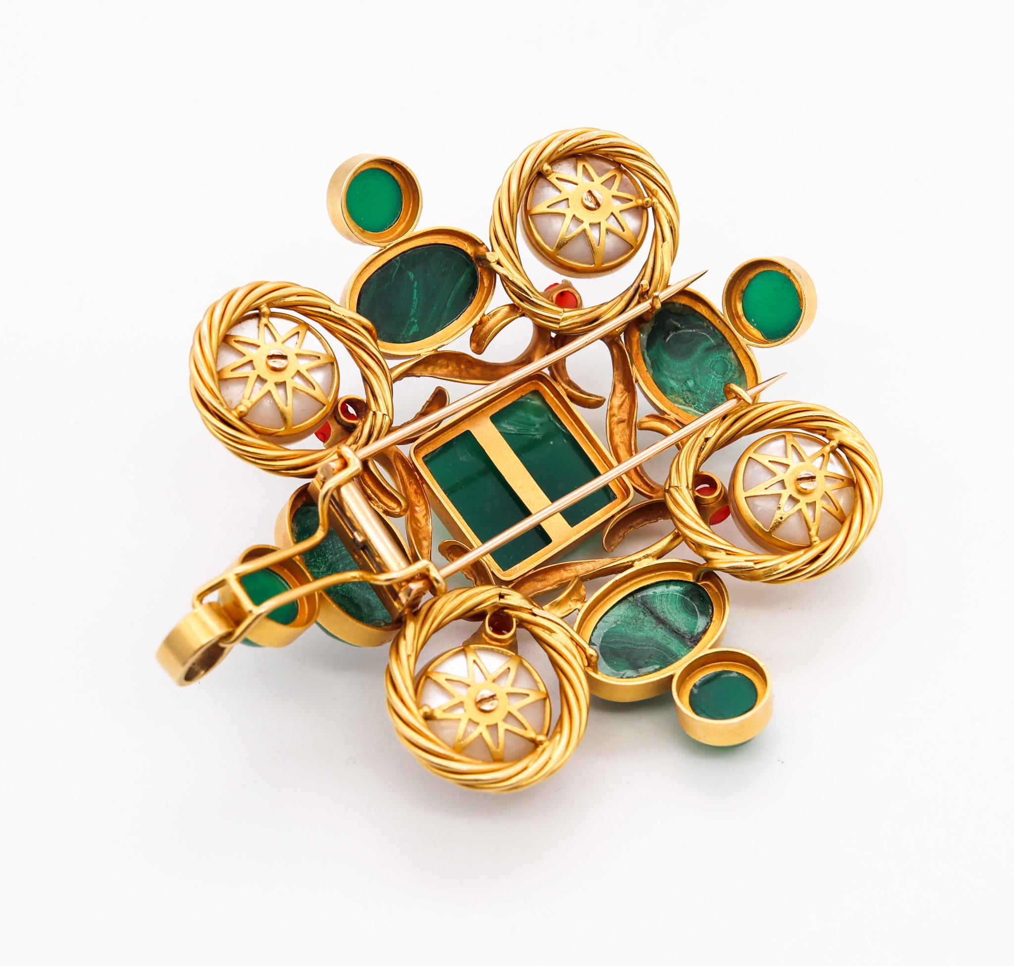 Modernist 1970 Convertible Maltese Pendant Brooch 18Kt Gold 106.86 Cts Gemstones In Excellent Condition For Sale In Miami, FL