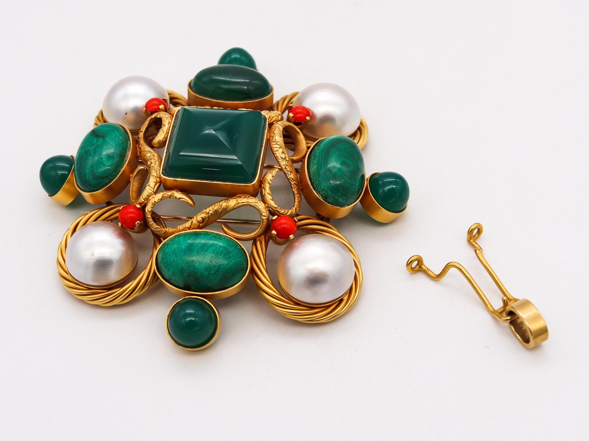 Women's Modernist 1970 Convertible Maltese Pendant Brooch 18Kt Gold 106.86 Cts Gemstones For Sale