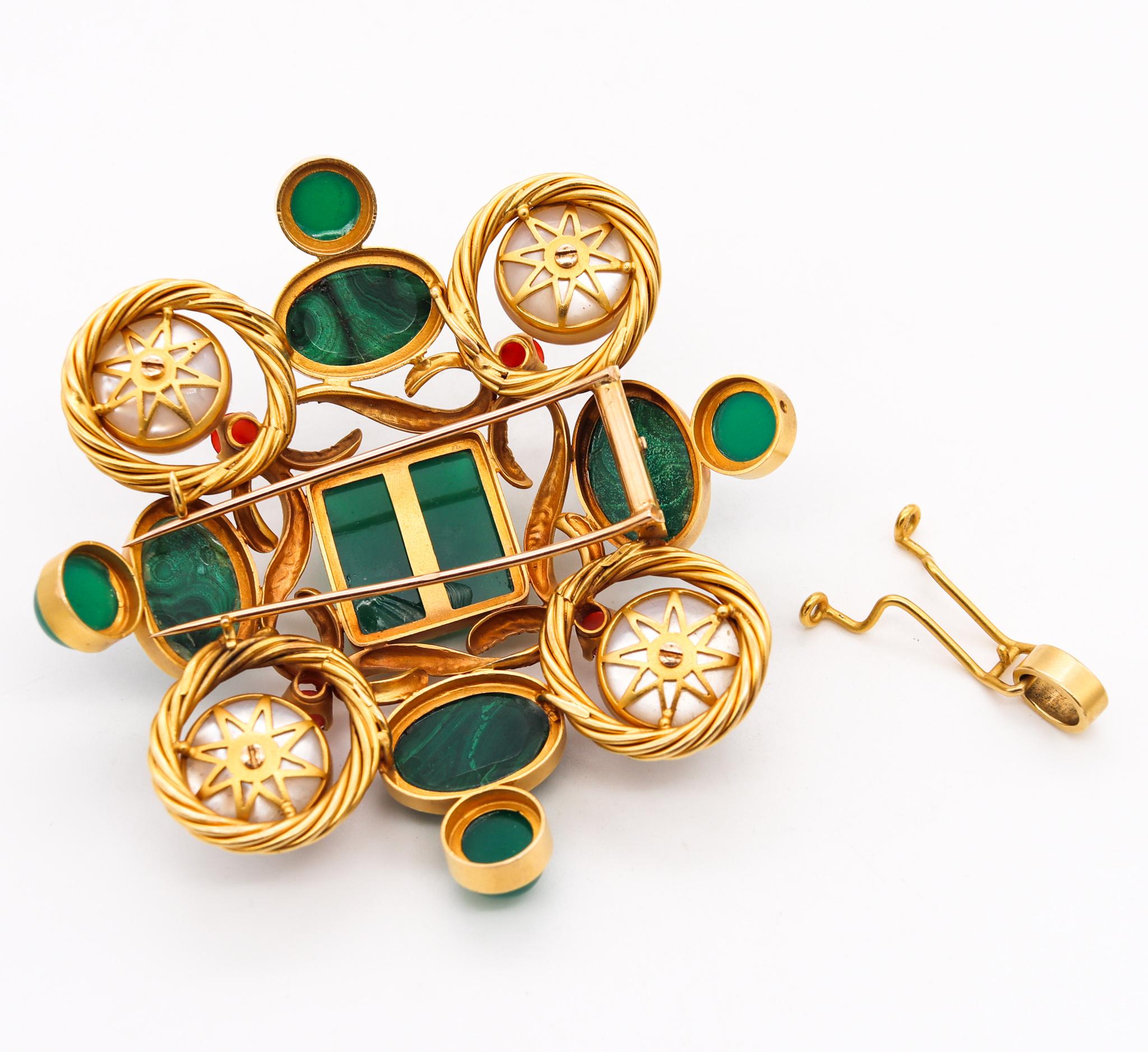Modernist 1970 Convertible Maltese Pendant Brooch 18Kt Gold 106.86 Cts Gemstones For Sale 1