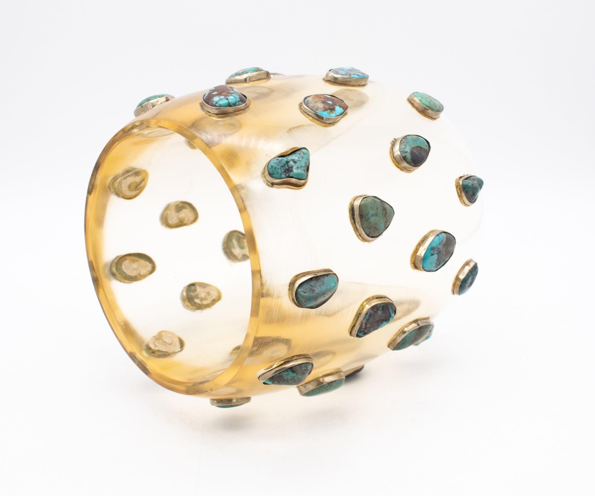 Modernist MODERNIST 1970 Cuff-Bracelet In Clear Lucite, 925 Sterling & Natural Turquoises For Sale