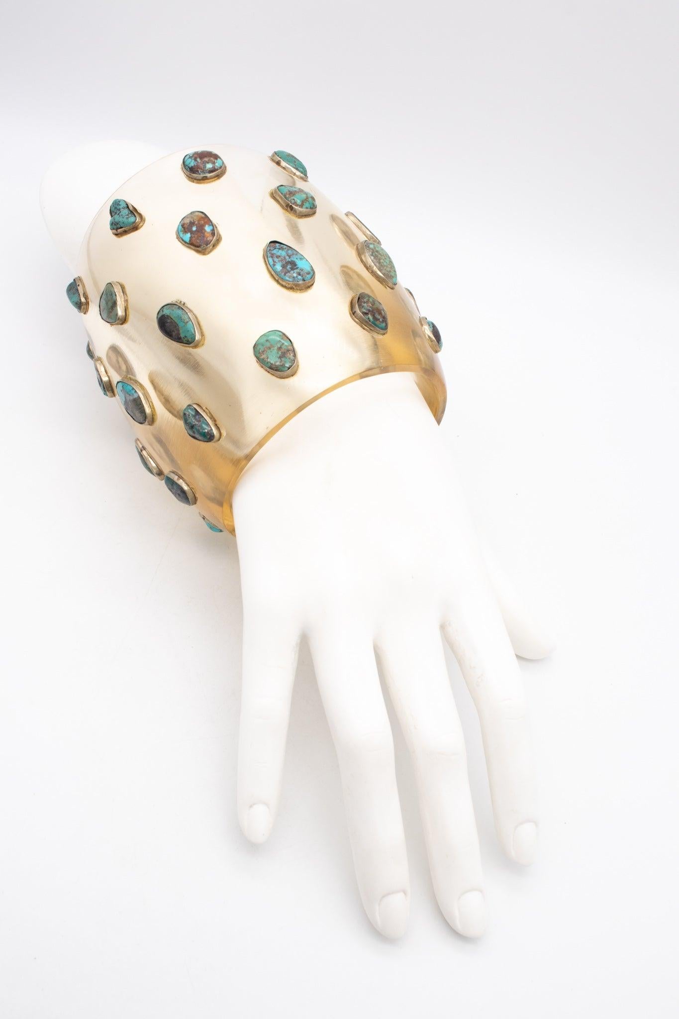 Cabochon MODERNIST 1970 Cuff-Bracelet In Clear Lucite, 925 Sterling & Natural Turquoises For Sale