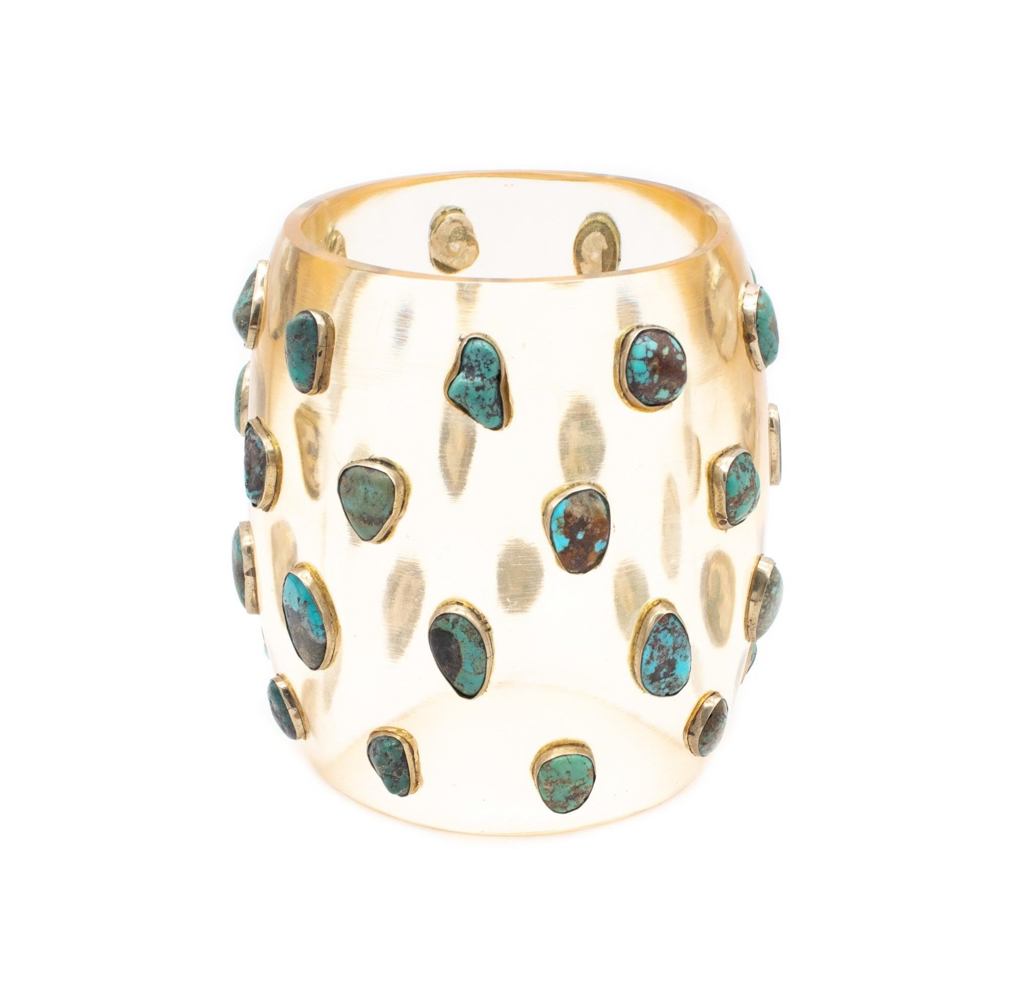 Women's MODERNIST 1970 Cuff-Bracelet In Clear Lucite, 925 Sterling & Natural Turquoises For Sale