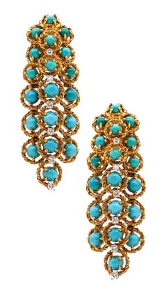 Modernist 1970 Dangle Drops Earrings 18Kt Gold 13.78 Cts In Turquoises & Diamond