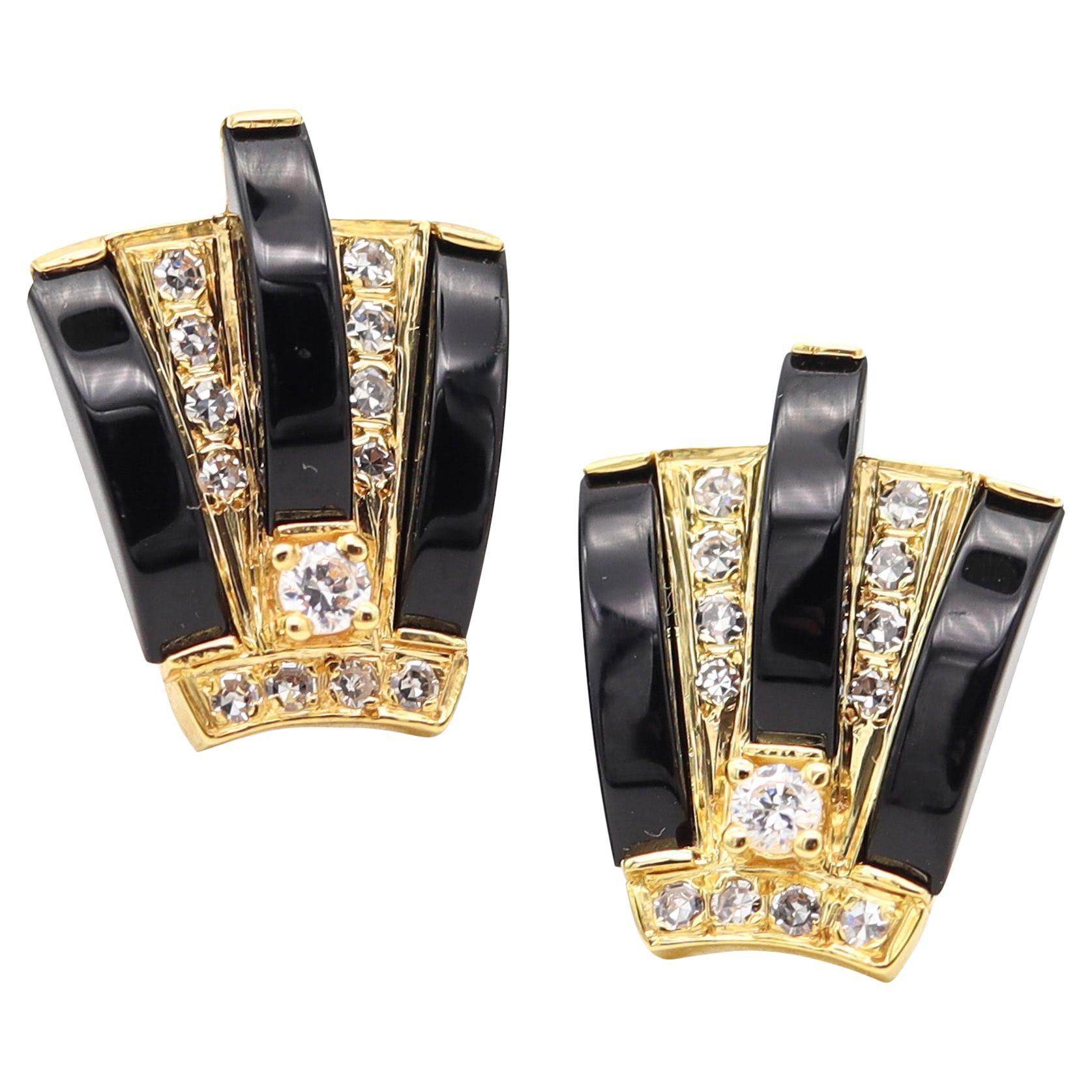 Pendientes MODERNISTAS 1970 De Oro Amarillo De 18 Kt Con Diamantes Europeos Y Ónices