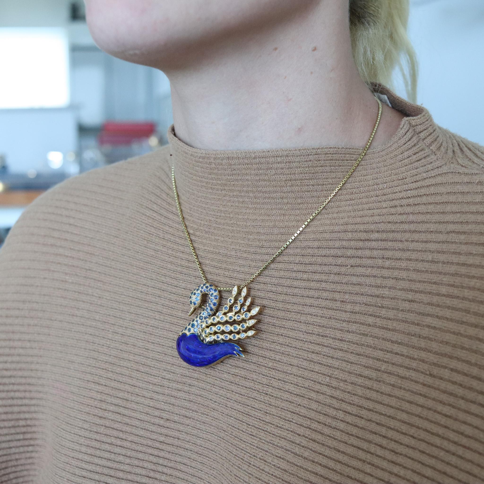 Round Cut Modernist 1970 Enameled Swan in 18kt Gold with 5.52ctw in Sapphires and Diamond For Sale