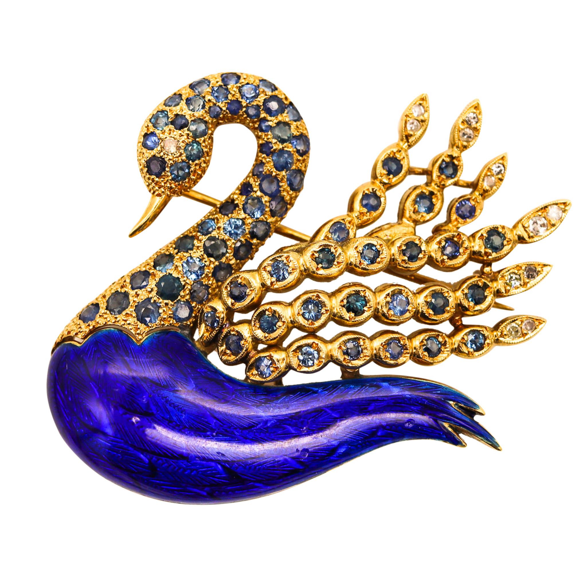 Modernist 1970 Enameled Swan in 18kt Gold with 5.52ctw in Sapphires and Diamond In Excellent Condition For Sale In Miami, FL