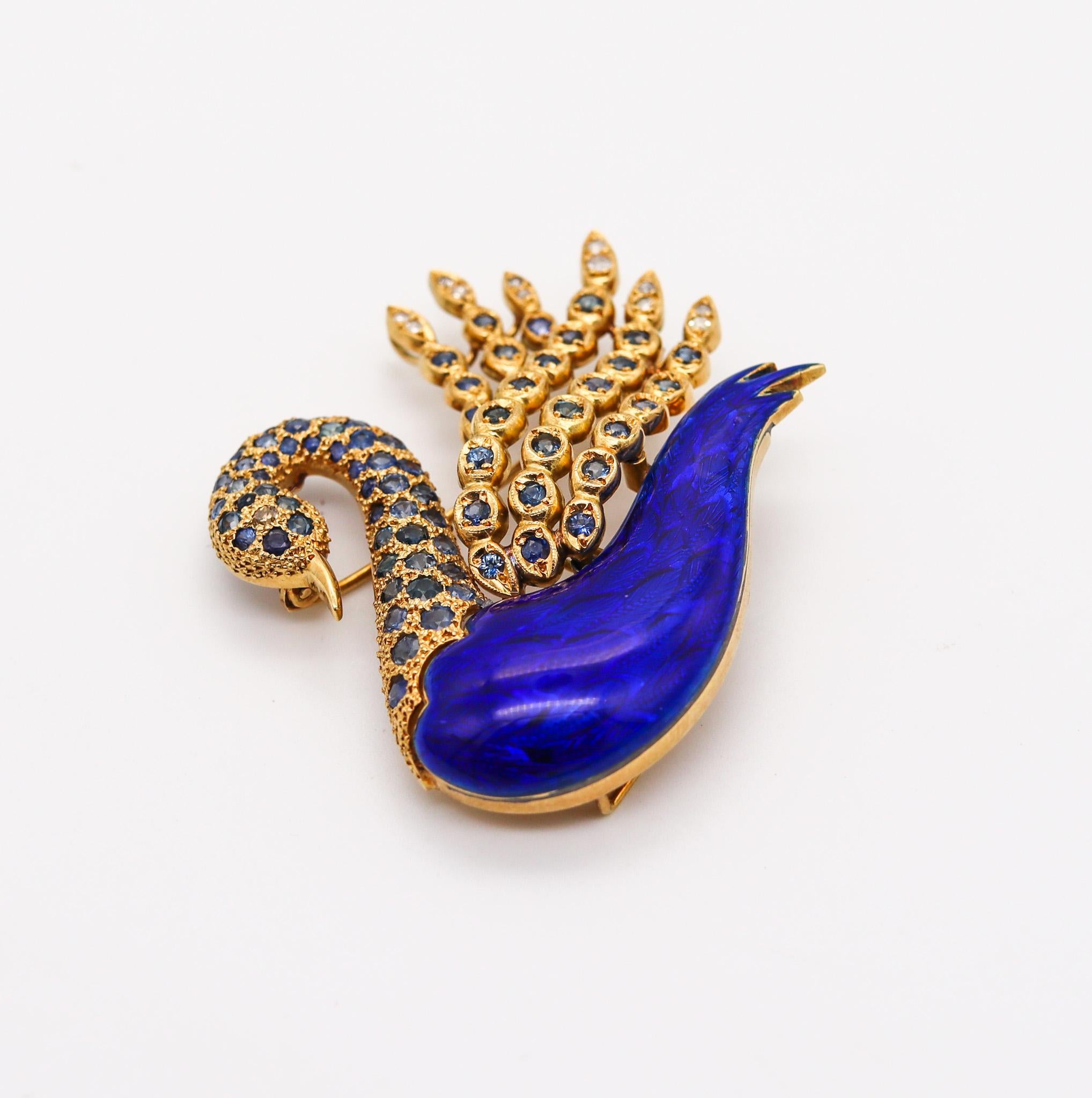Women's Modernist 1970 Enameled Swan in 18kt Gold with 5.52ctw in Sapphires and Diamond For Sale