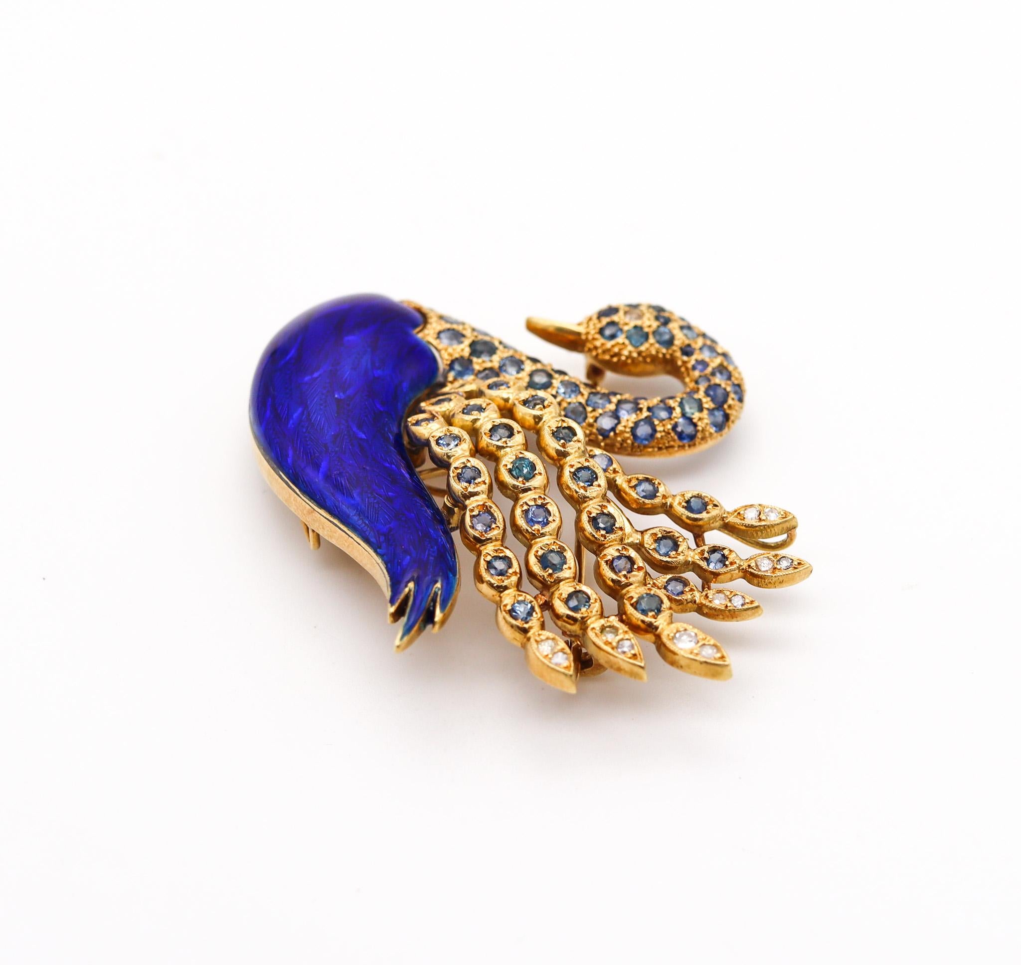 Modernist 1970 Enameled Swan in 18kt Gold with 5.52ctw in Sapphires and Diamond For Sale 1