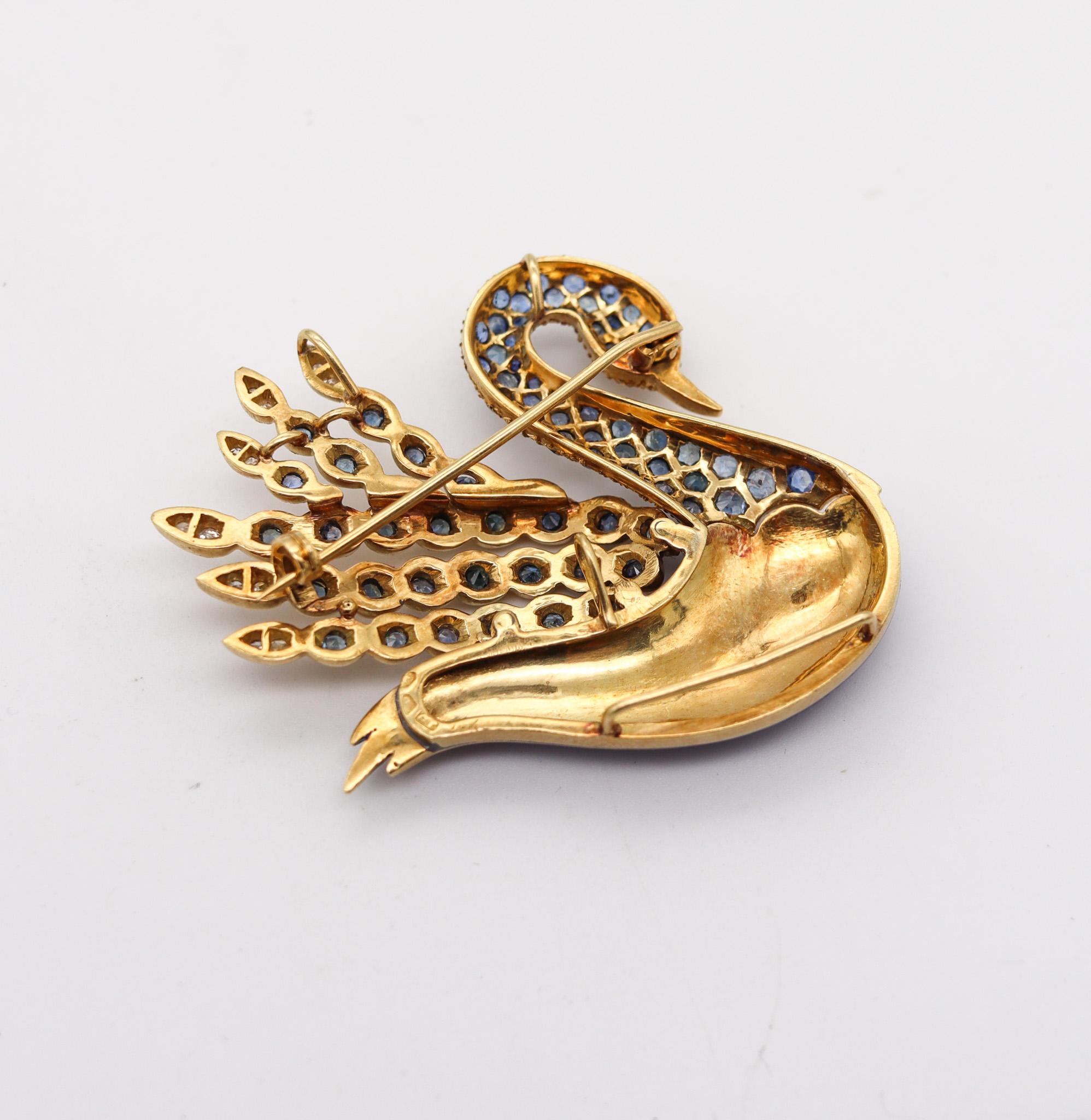 Modernist 1970 Enameled Swan in 18kt Gold with 5.52ctw in Sapphires and Diamond For Sale 2