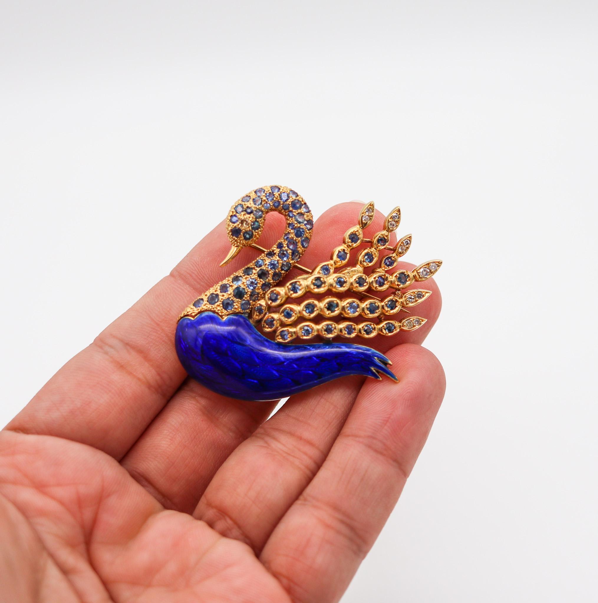 Modernist 1970 Enameled Swan in 18kt Gold with 5.52ctw in Sapphires and Diamond For Sale 4