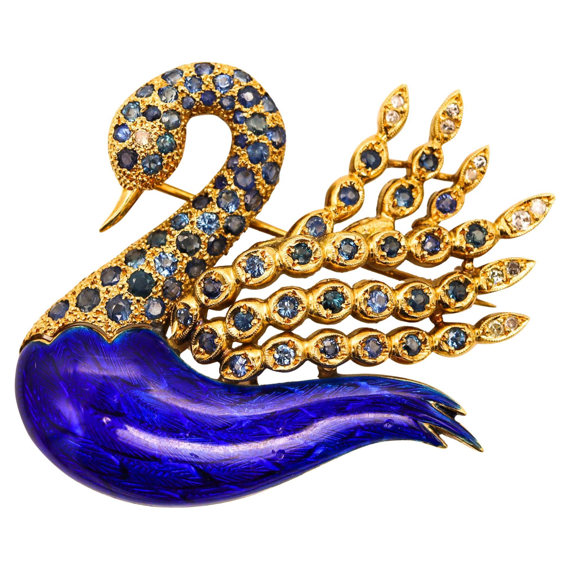 Modernist 1970 Enameled Swan in 18kt Gold with 5.52ctw in Sapphires and Diamond