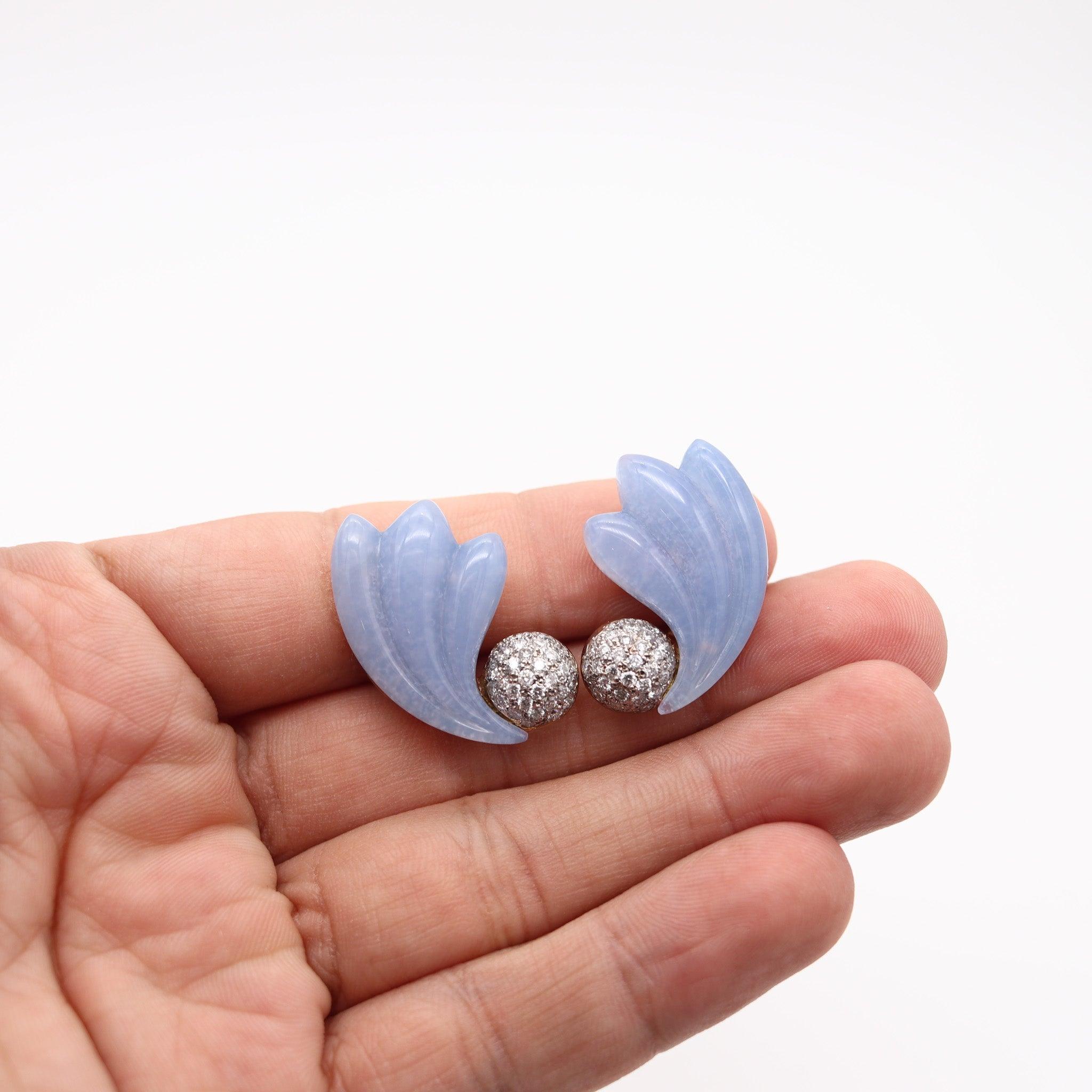 Women's MODERNIST 1970 European Clips Earrings In 18Kt Gold With Chalcedony & Diamonds For Sale