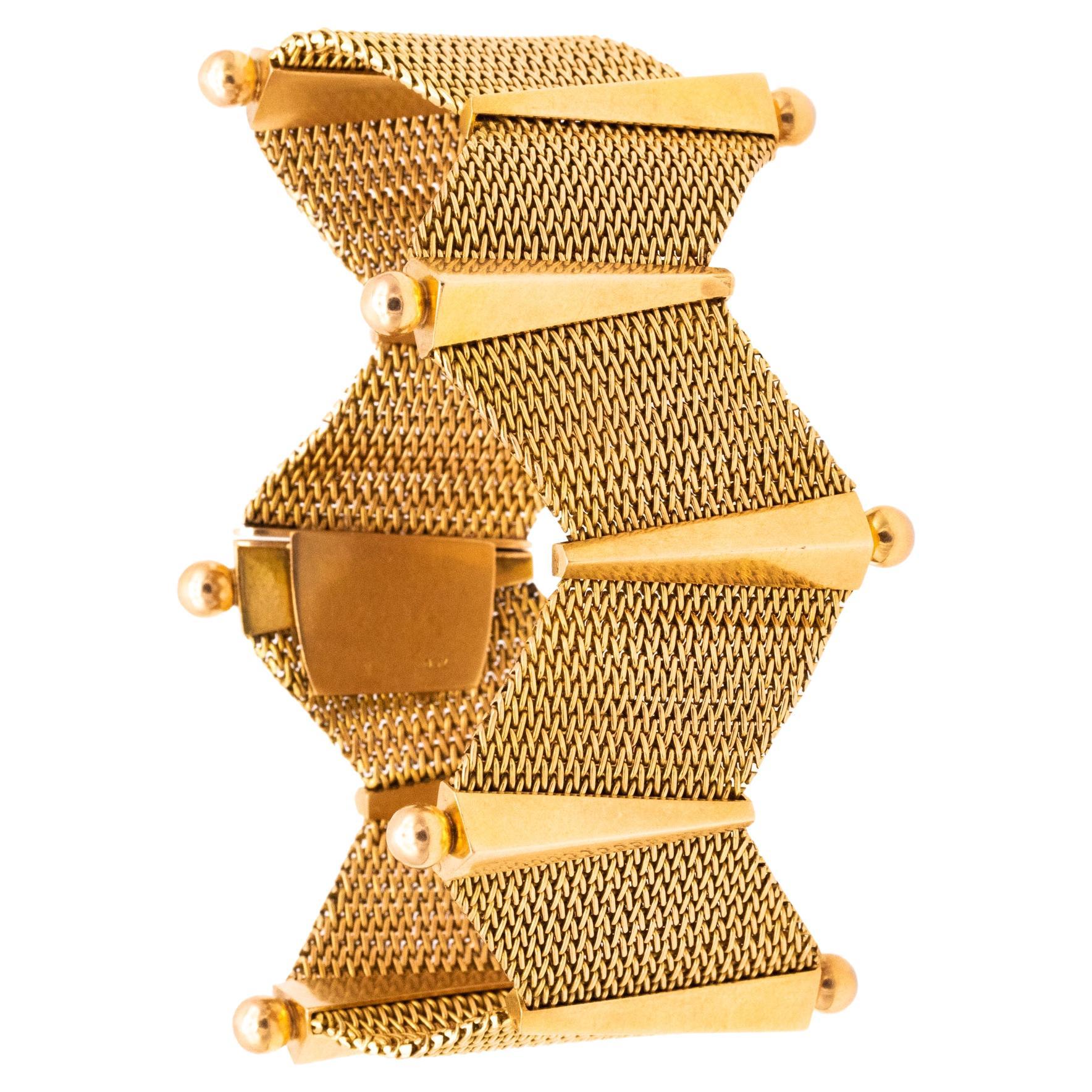 Bracelet rétro moderniste européen à zigzags géométriques en or jaune massif 18 carats, 1970