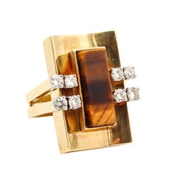 MODERNIST 1970 Geometrischer Cocktailring aus 18Kt Gold mit Diamanten und Tigerauge