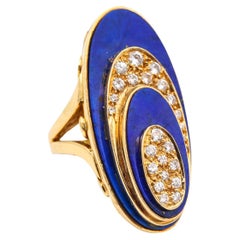 Modernist 1970 Geometric Cocktail Ring in 18kt Gold with VS Diamonds and Lapis