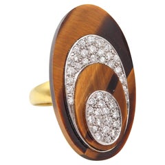 MODERNISTE 1970 Bague Cocktail Œil de Tigre Géométrique en Or 14Kt avec Diamants MODERNISTE 1970 Bague Cocktail Œil de Tigre Géométrique en Or 14Kt avec Diamants