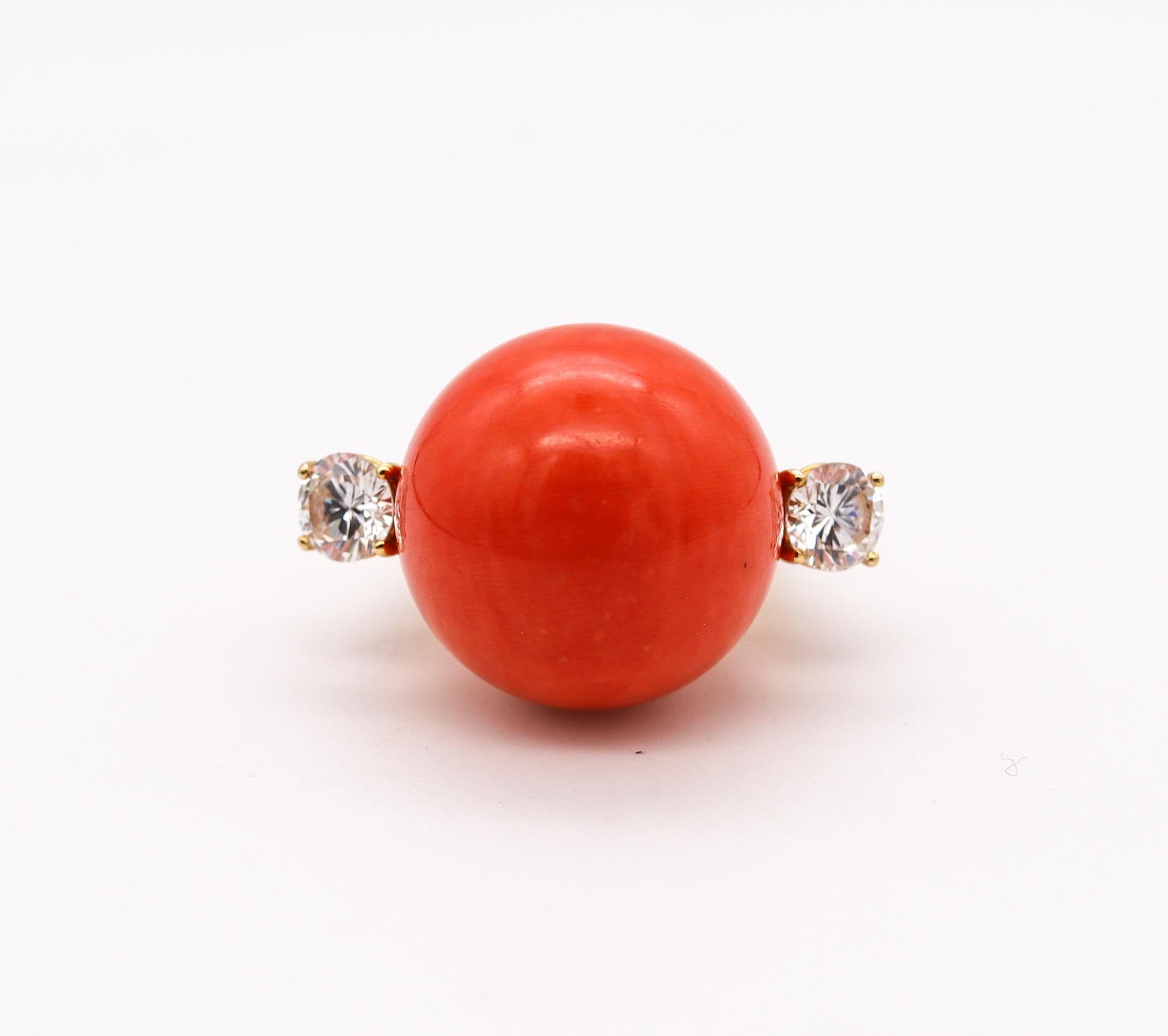 Modernist 1970 Italian Cocktail Ring In 18Kt Gold 27.17 Ctw In Diamonds & Coral For Sale 3