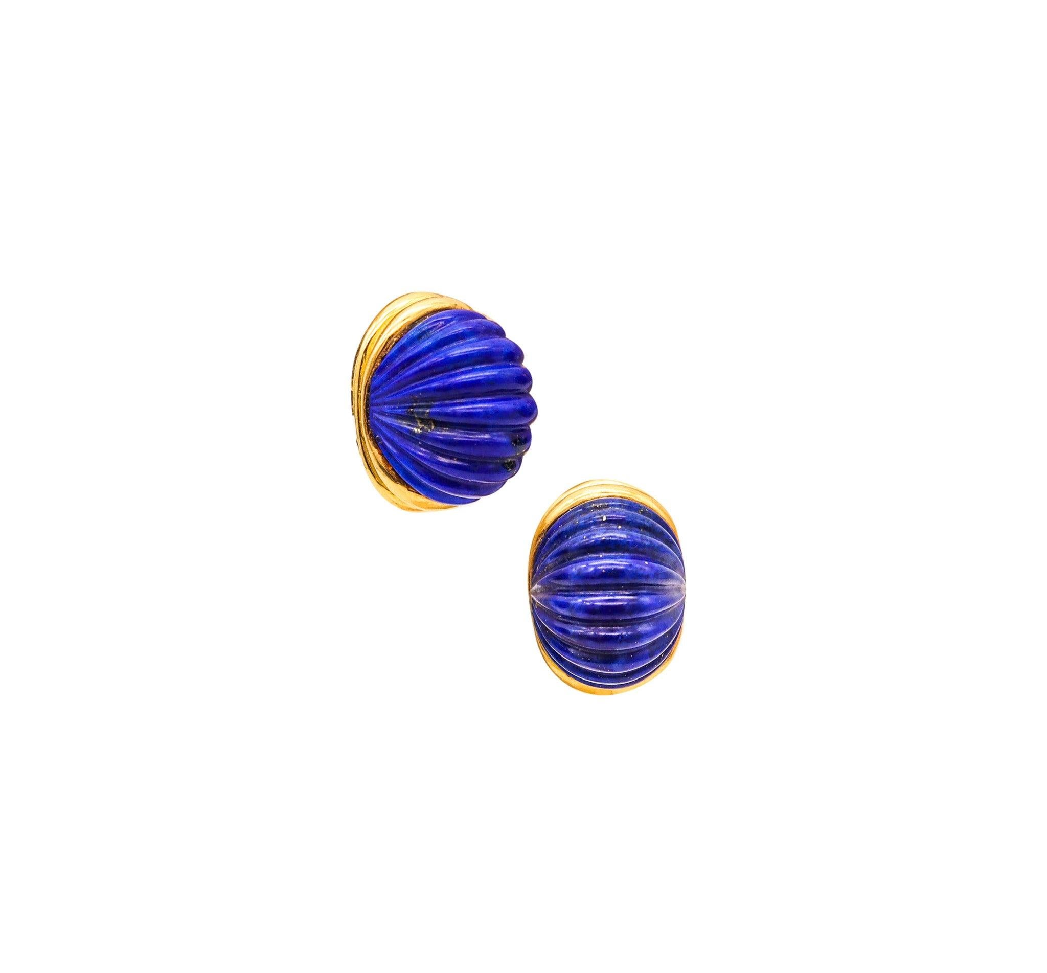 MODERNISTA 1970 Orecchini a clip scanalati in oro 18Kt con lapislazzuli in vendita 1