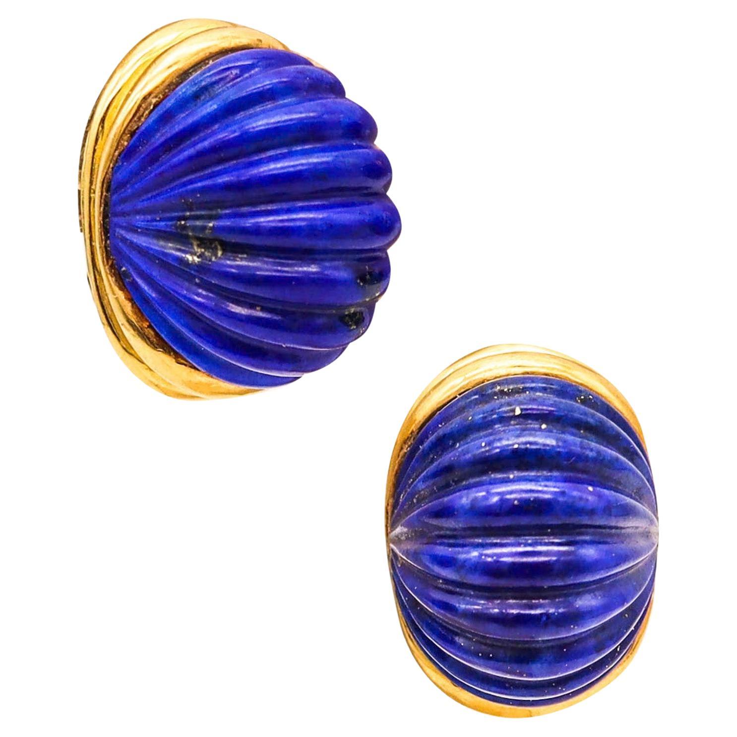 MODERNIST 1970 Italian Fluted Clips-On Earrings In 18Kt Gold With Lapis Lazuli