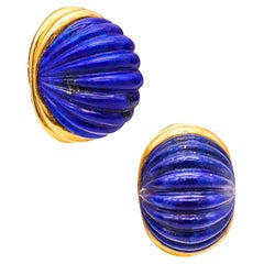 MODERNIST 1970 Italienische geriffelte Clips-Ohrringe in 18Kt Gold mit Lapislazuli