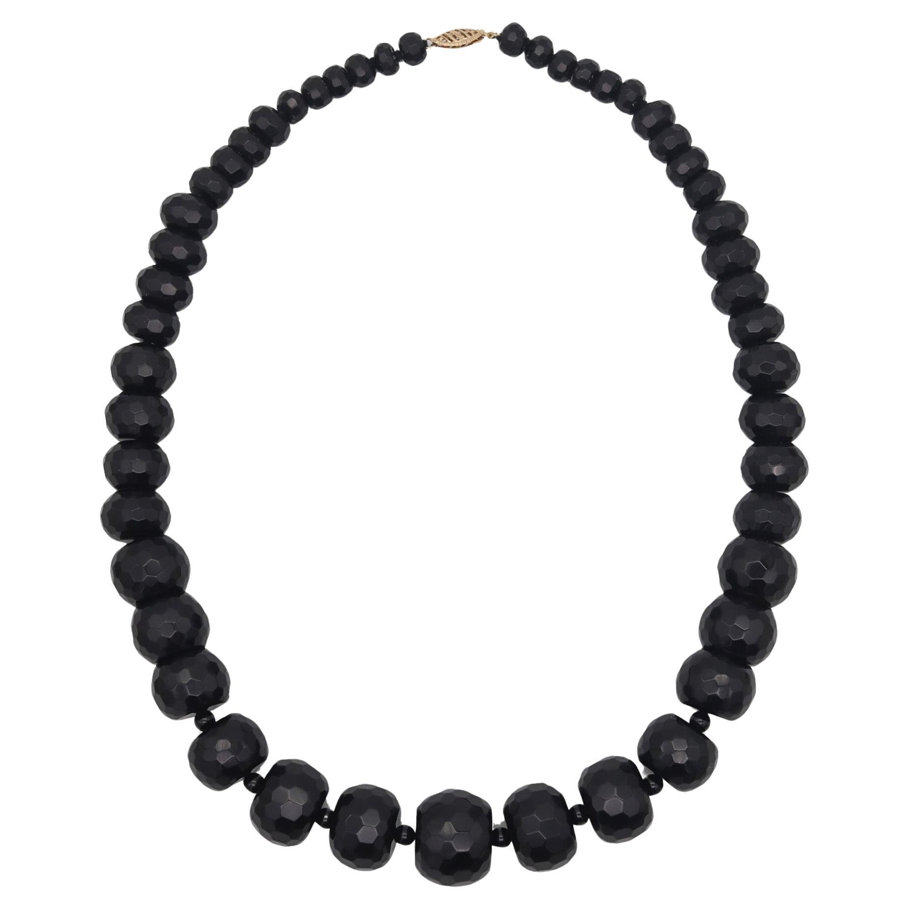 Modernist 1970 Necklace With Graduated Faceted Beads Of Onyx In 14Kt Yellow Gold For Sale
