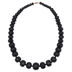 Vintage Modernist 1970 Necklace With Graduated Faceted Beads Of Onyx In 14Kt Yellow Gold