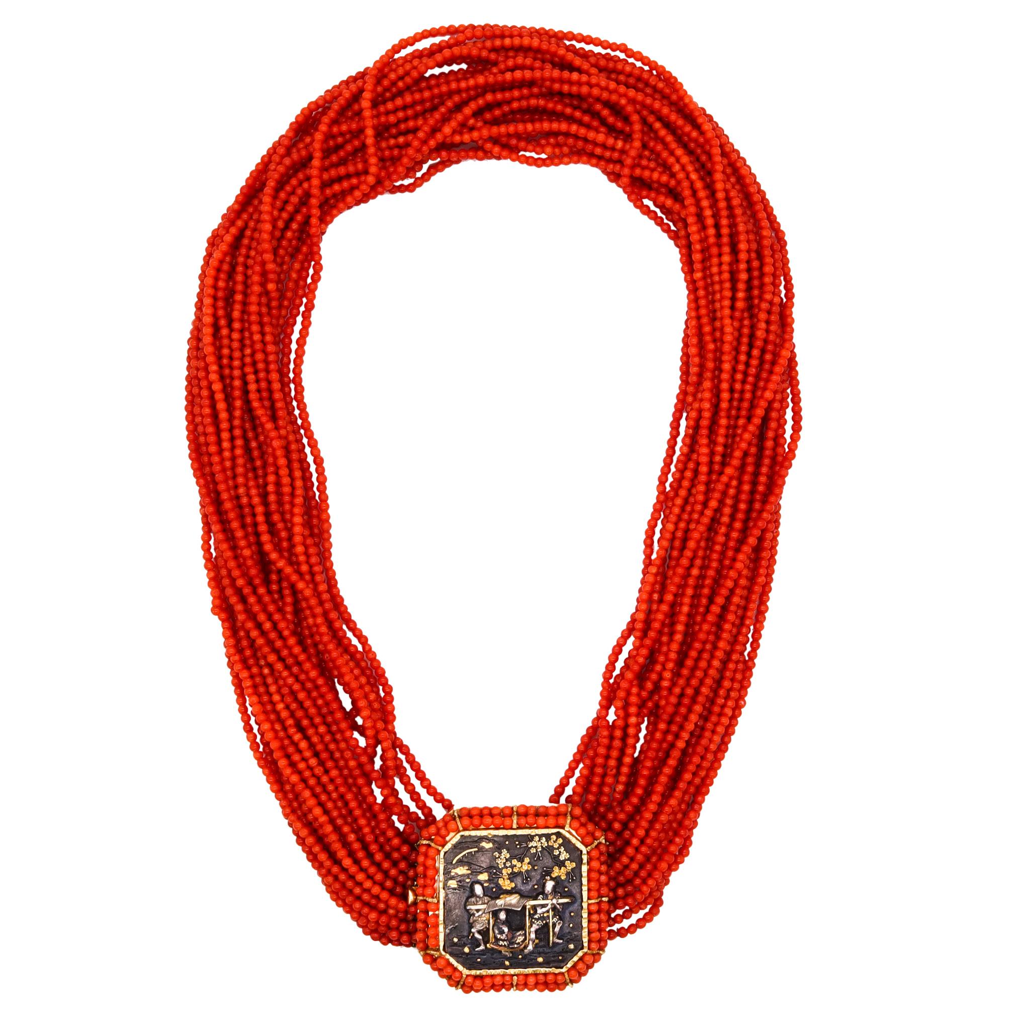 Exceptional vintage Shakudo necklace with a Japanese Menuki.

A great piece of art, created probably in Italy around the 1960 to 1970. This colorful necklace is carefully assembled and crafted in 18 karats yellow gold. with multiples natural