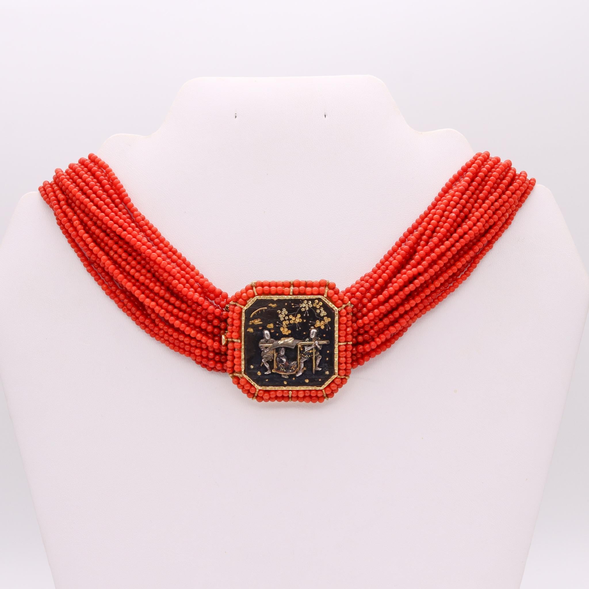 Women's Modernist 1970 Rare Menuki Necklace 18Kt Yellow Gold Red Coral and Japan Shakudo For Sale