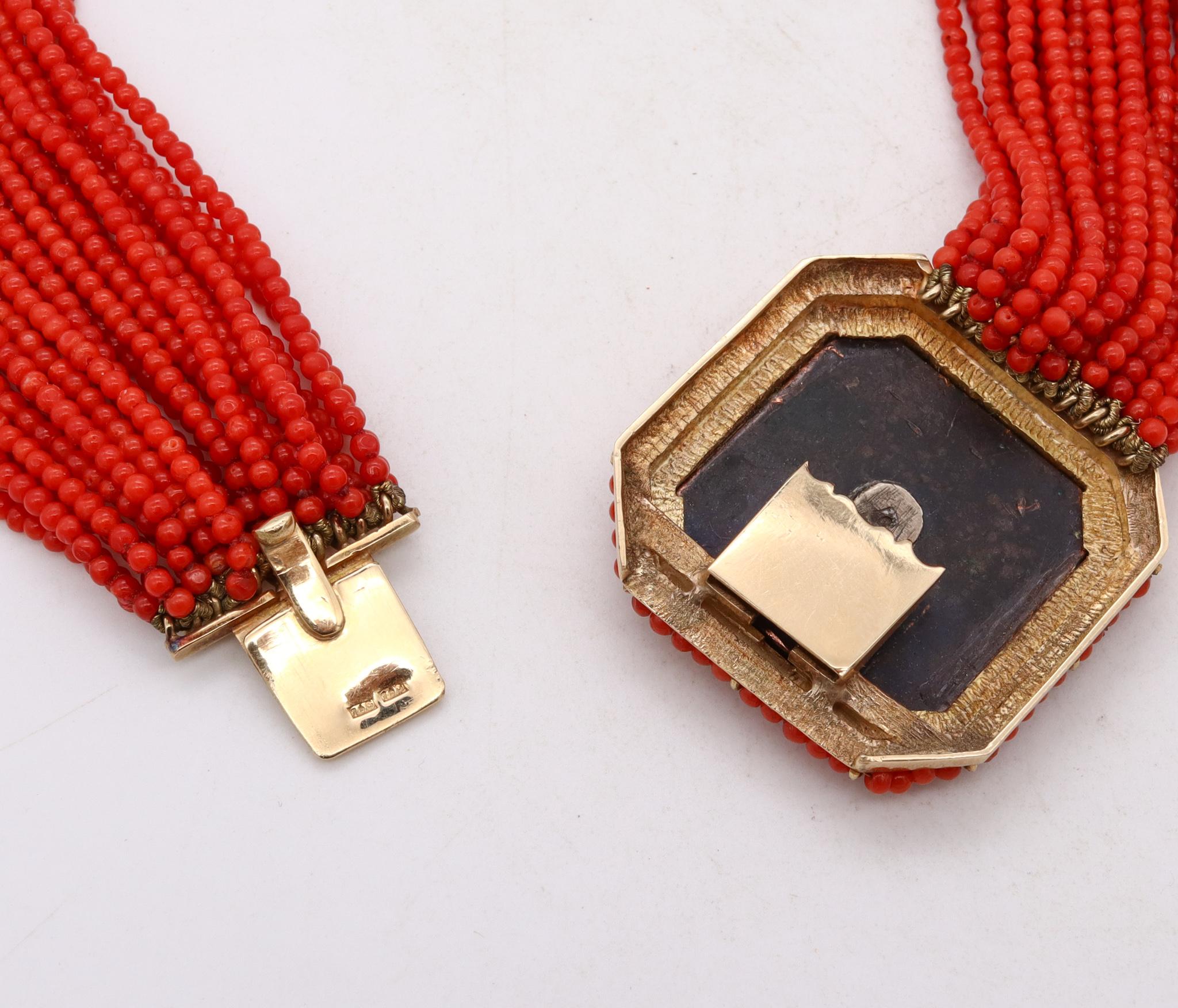 Modernist 1970 Rare Menuki Necklace 18Kt Yellow Gold Red Coral and Japan Shakudo For Sale 1